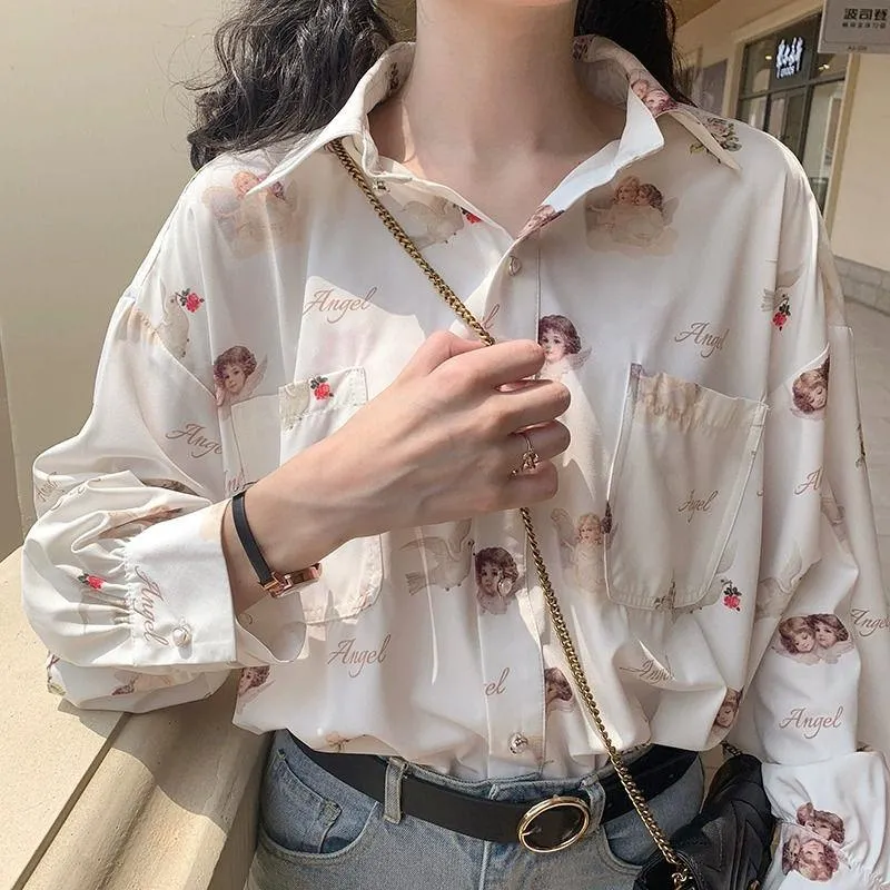Chic Vintage Angel Print Loose Tops