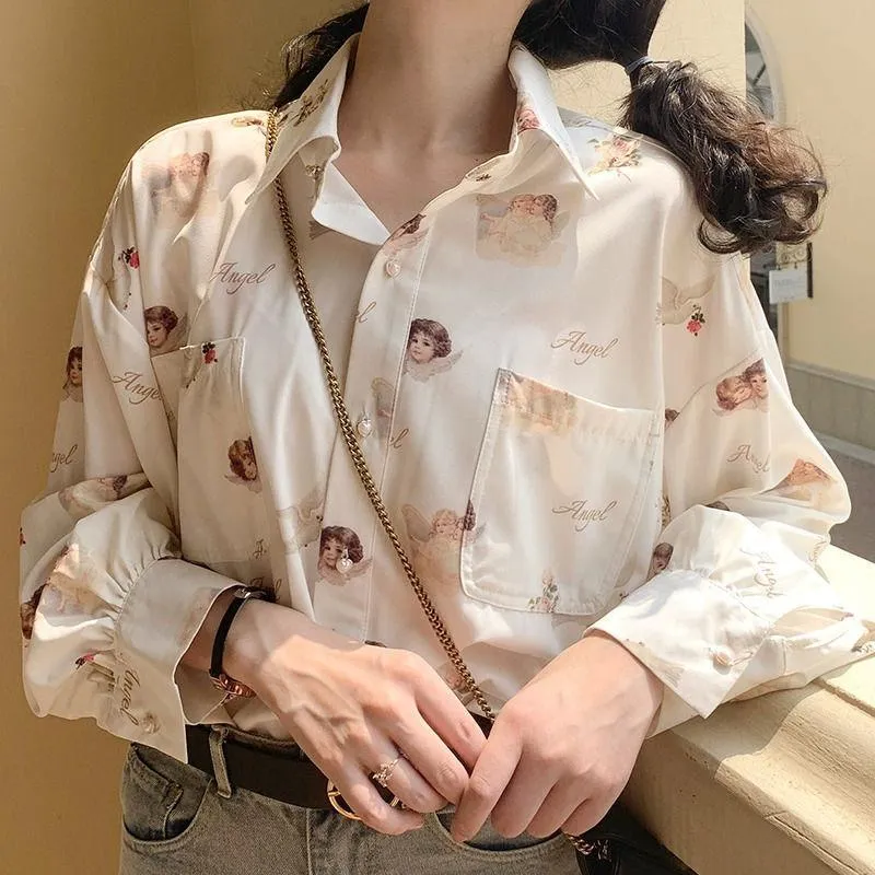 Chic Vintage Angel Print Loose Tops