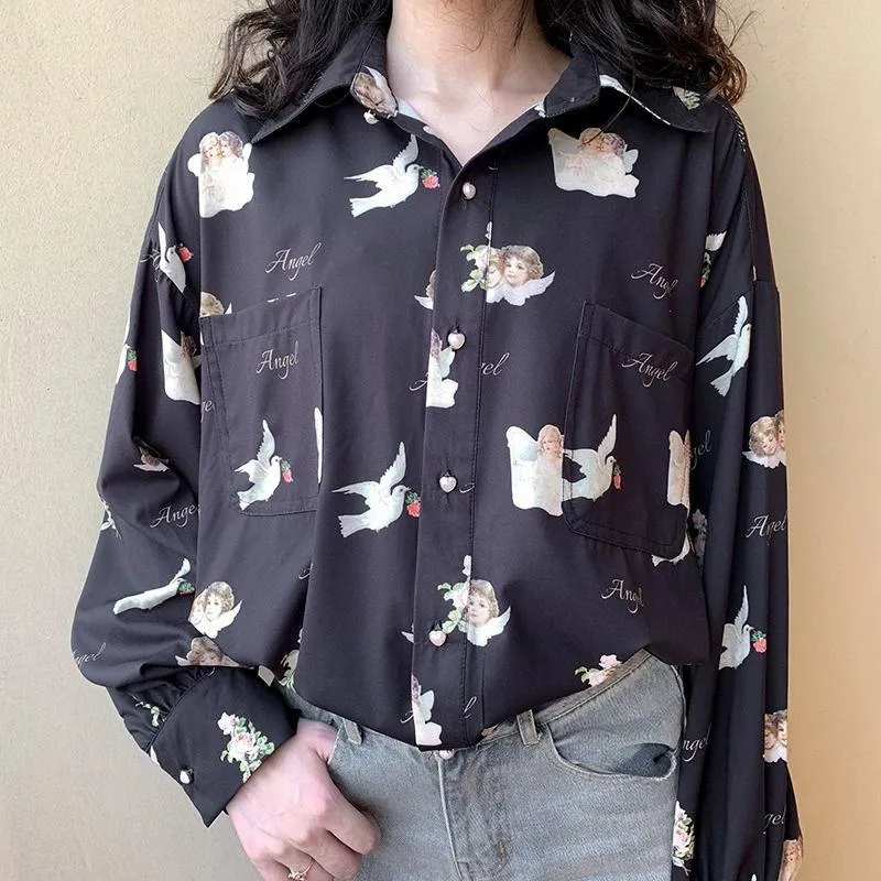 Chic Vintage Angel Print Loose Tops