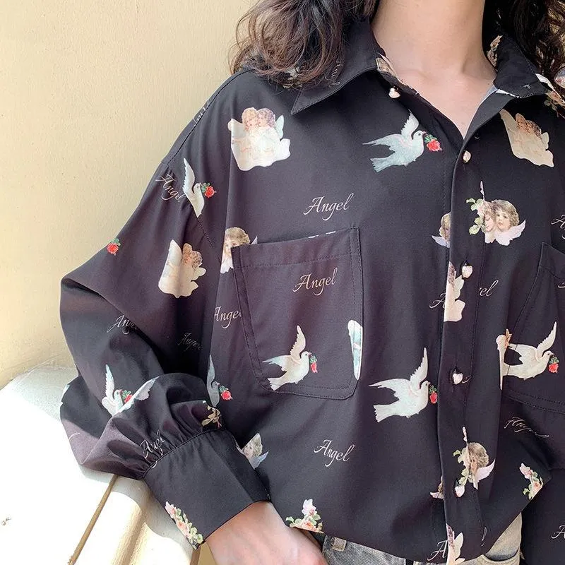 Chic Vintage Angel Print Loose Tops