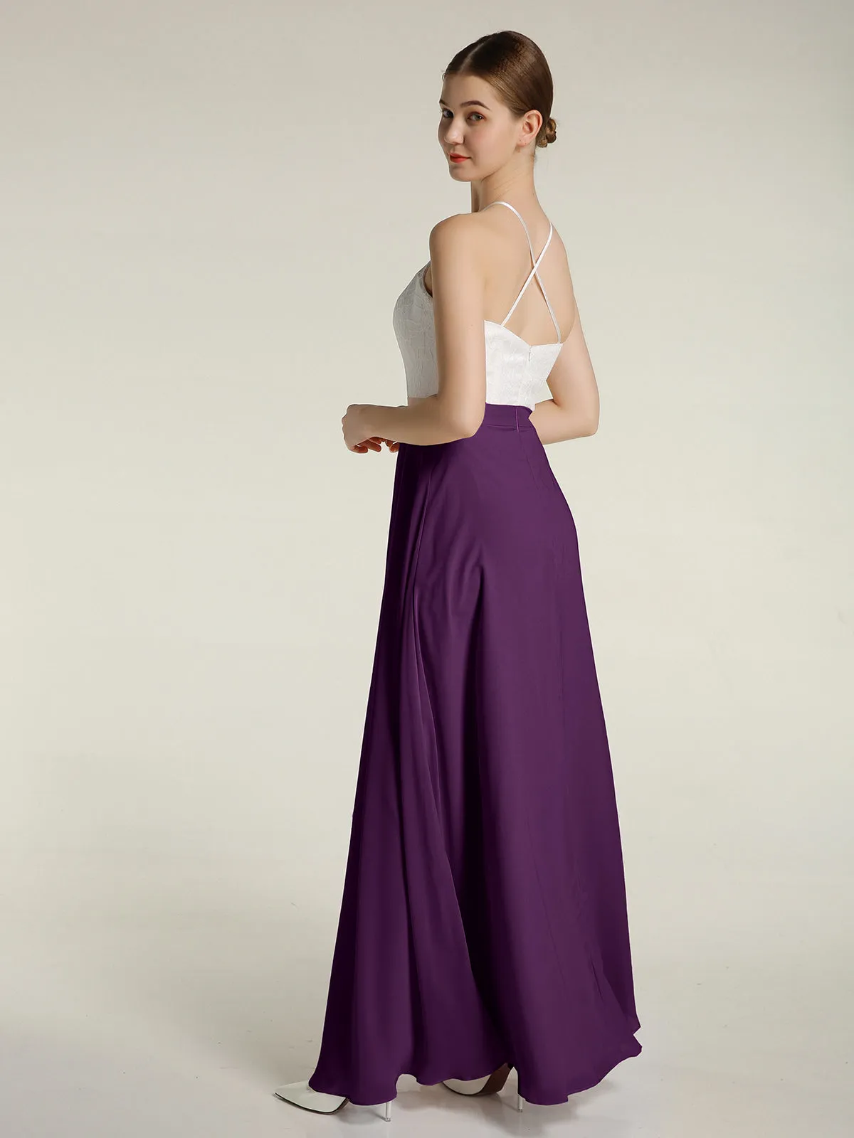 Chiffon Long Dresses with Ivory Lace Bodice-Grape Plus Size