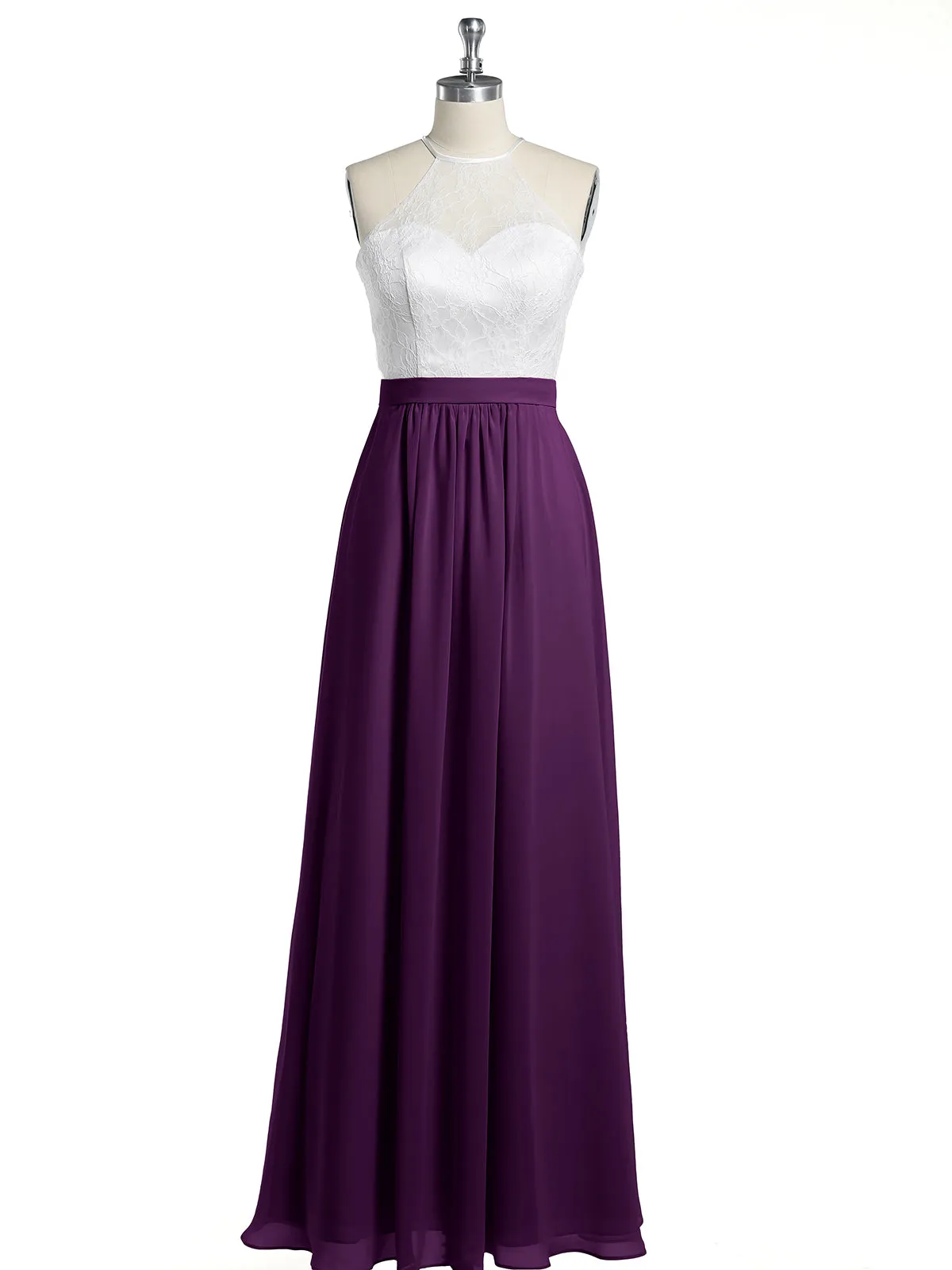 Chiffon Long Dresses with Ivory Lace Bodice-Grape Plus Size