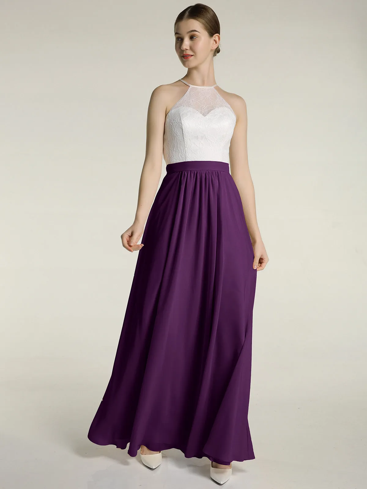 Chiffon Long Dresses with Ivory Lace Bodice-Grape Plus Size