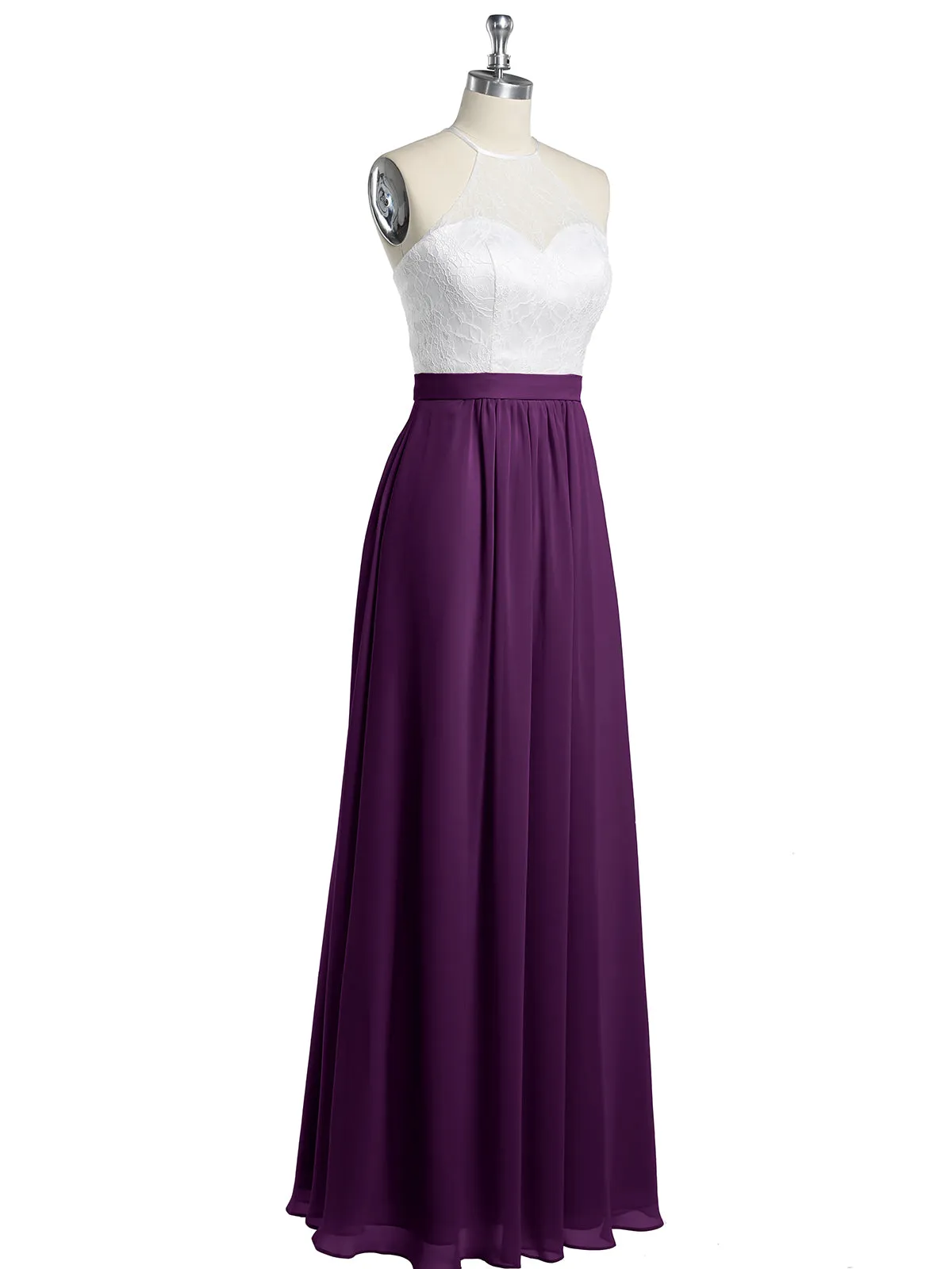 Chiffon Long Dresses with Ivory Lace Bodice-Grape Plus Size