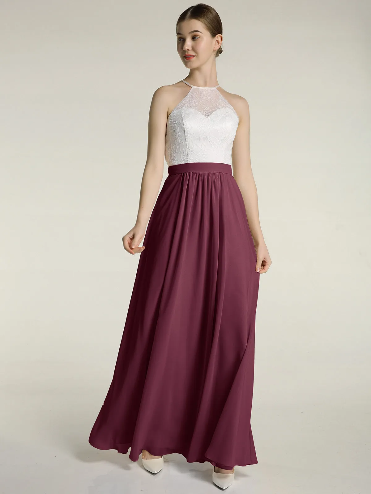 Chiffon Long Dresses with Ivory Lace Bodice-Mulberry
