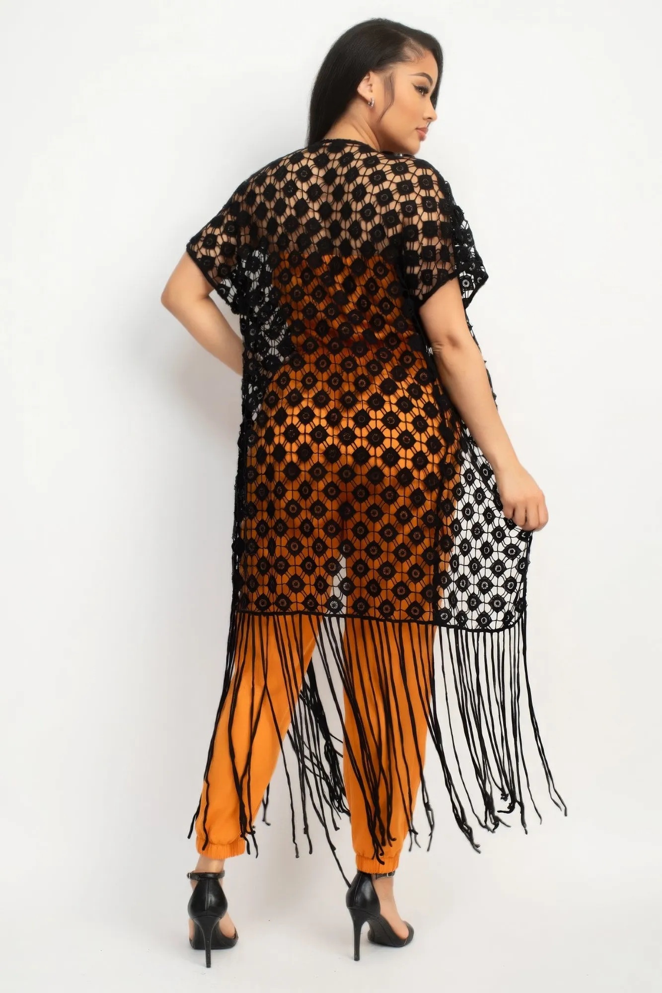 Crocheted Open-Front Fringe Kimono Cover Up