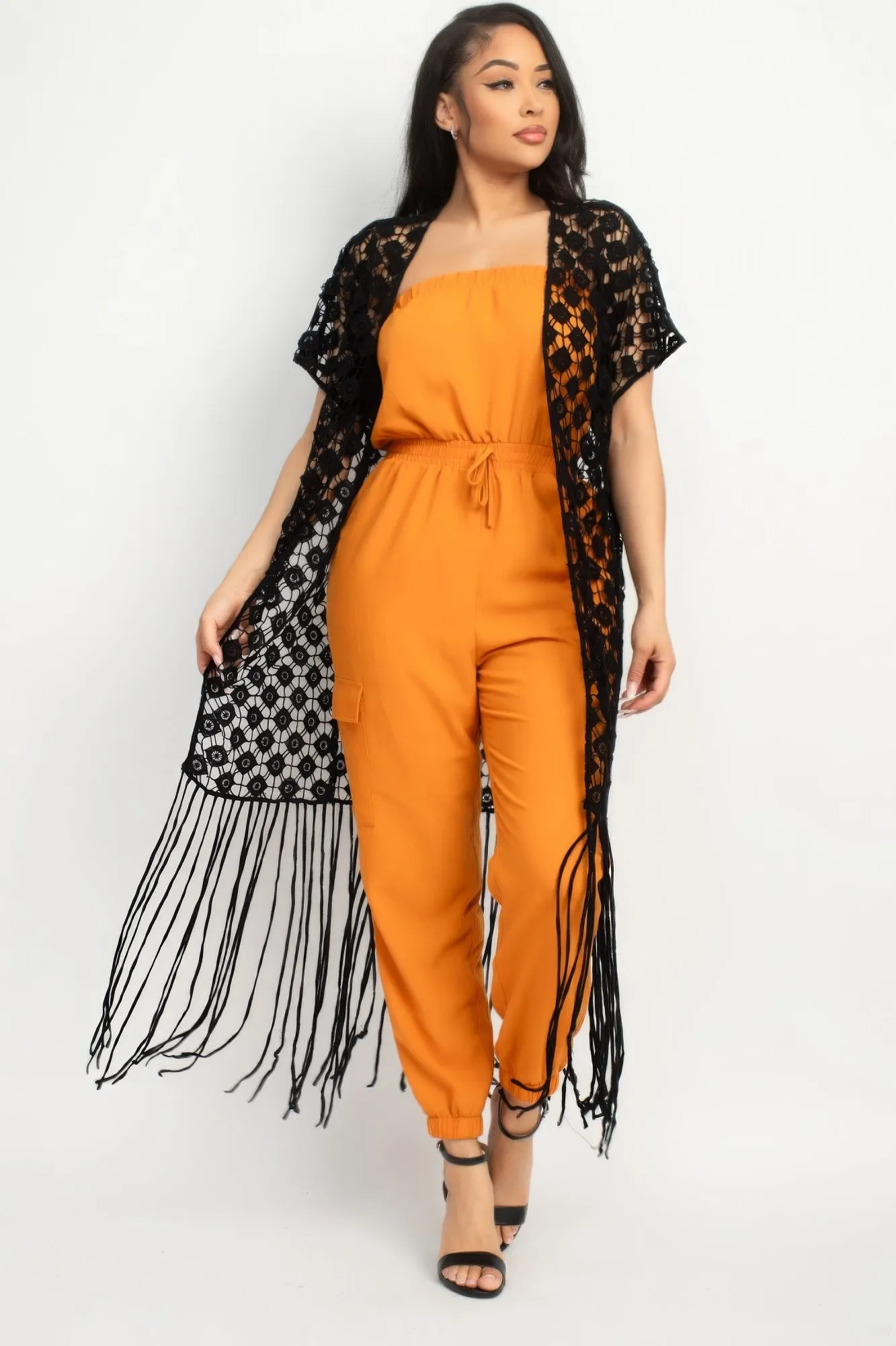 Crocheted Open-Front Fringe Kimono Cover Up