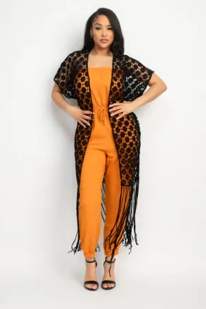 Crocheted Open-Front Fringe Kimono Cover Up