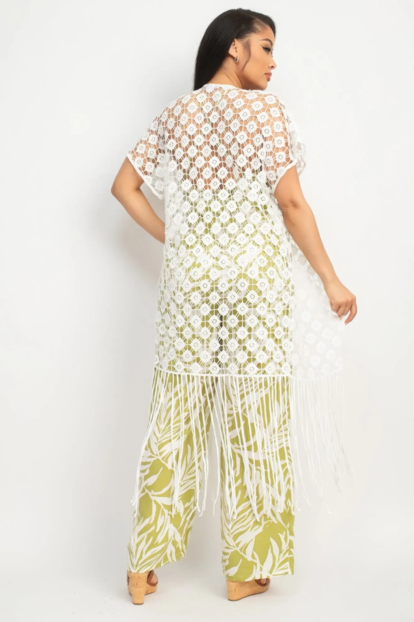 Crocheted Open-Front Fringe Kimono Cover Up
