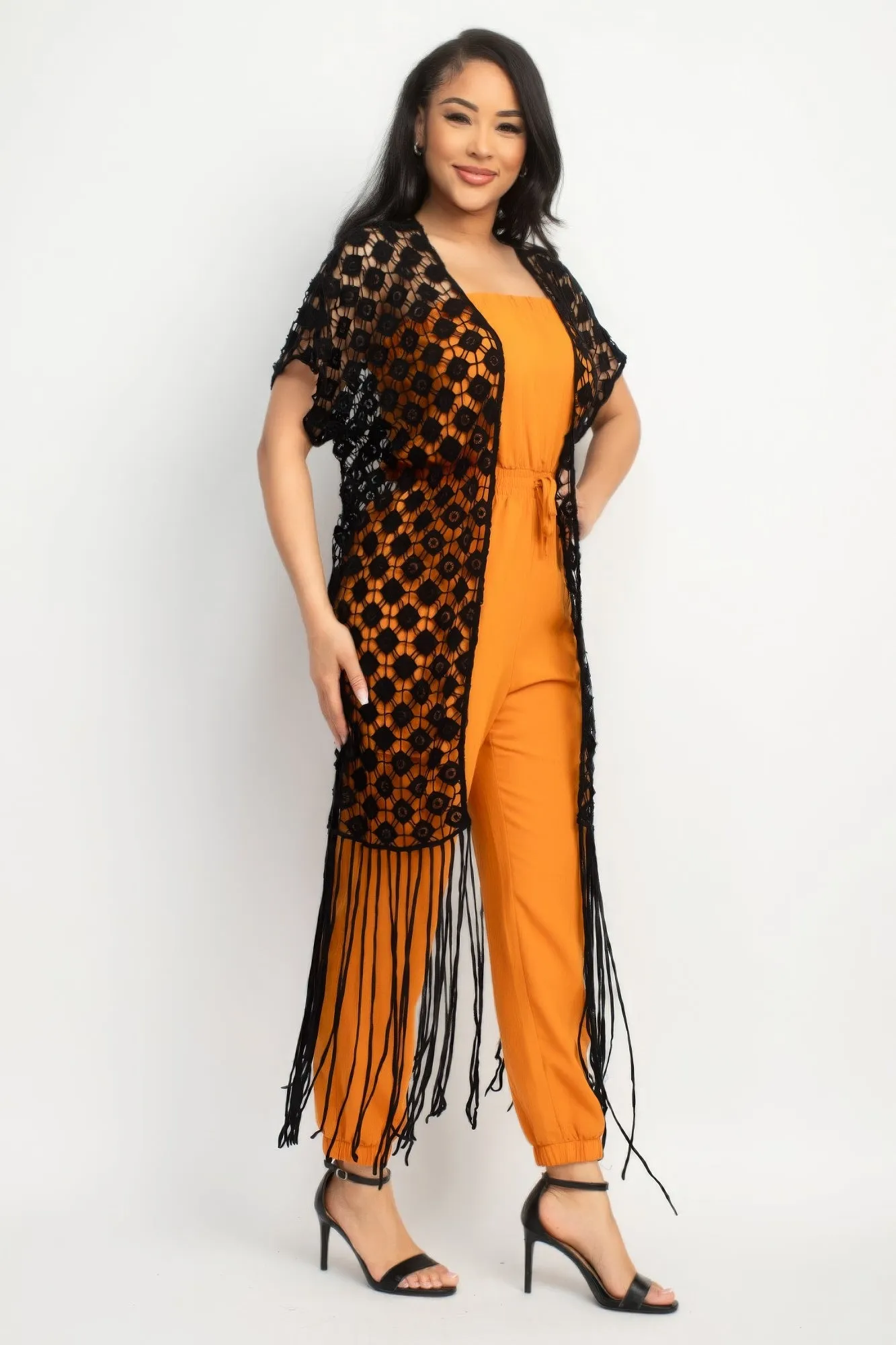 Crocheted Open-Front Fringe Kimono Cover Up