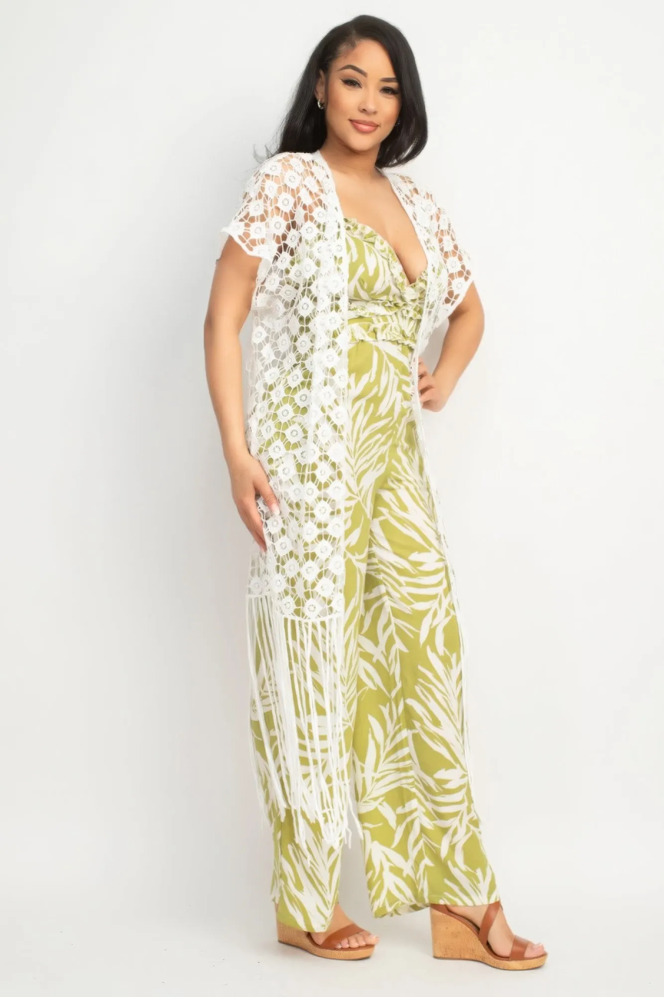 Crocheted Open-Front Fringe Kimono Cover Up