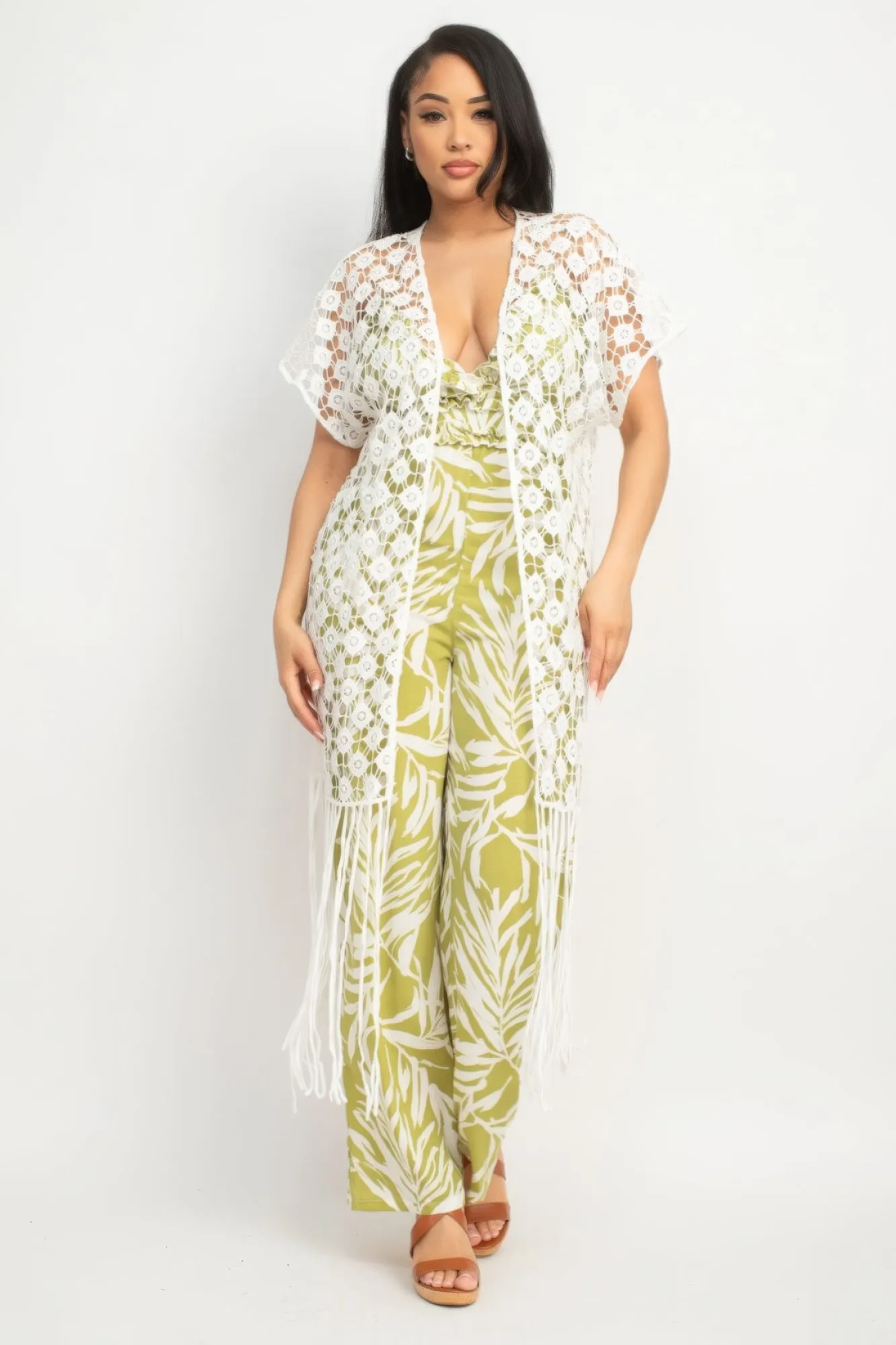 Crocheted Open-Front Fringe Kimono Cover Up