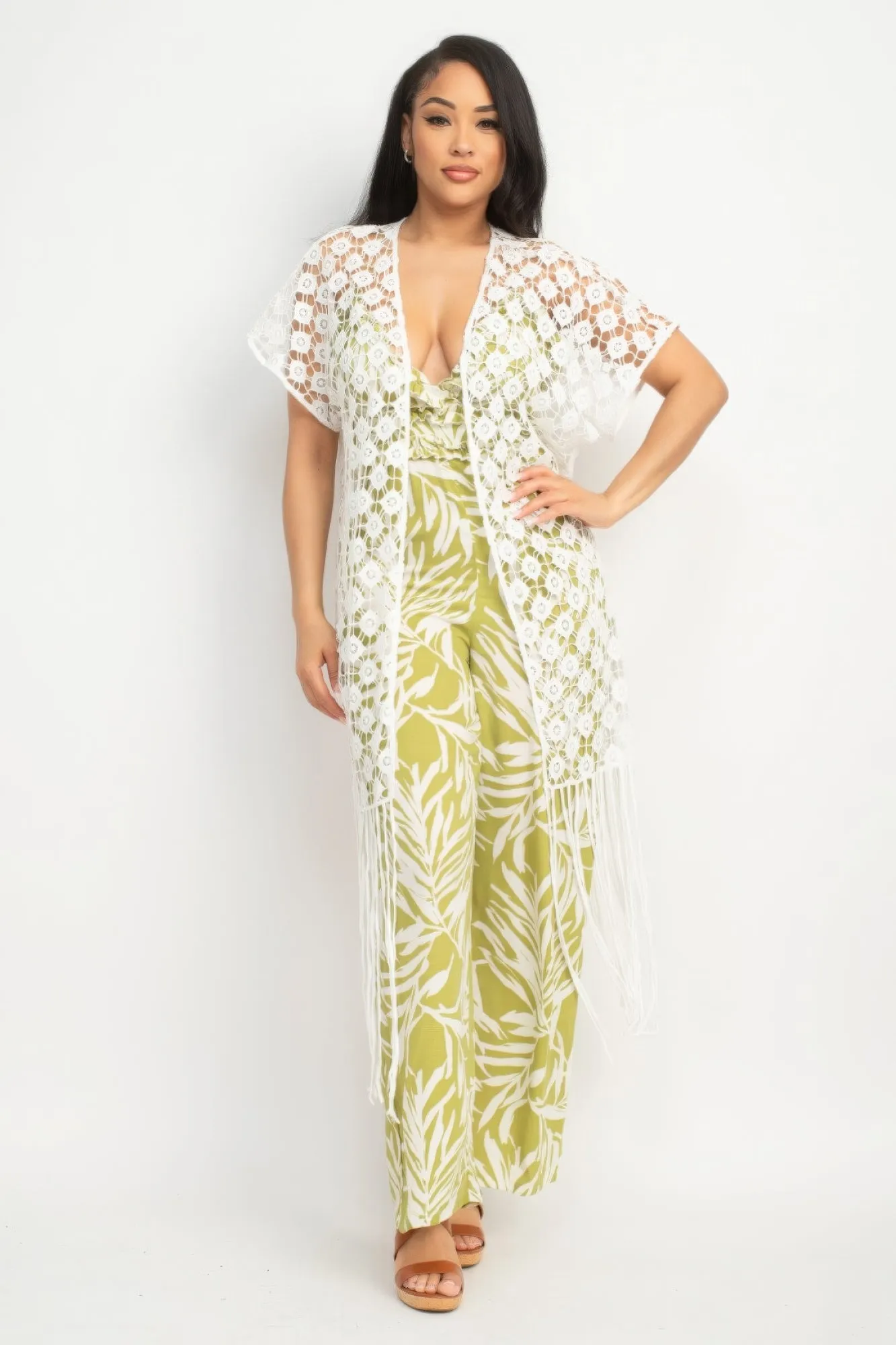 Crocheted Open-Front Fringe Kimono Cover Up