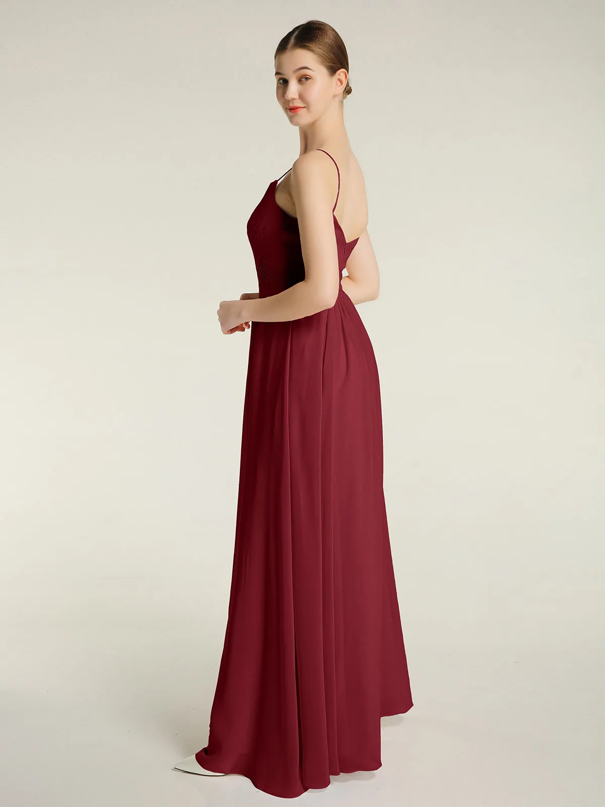 Cross Pleated Bodice Spaghetti Strap Dresses Burgundy Plus Size