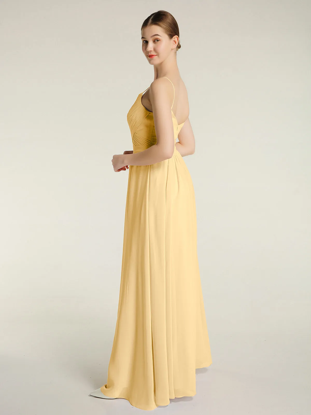 Cross Pleated Bodice Spaghetti Strap Dresses Gold Plus Size