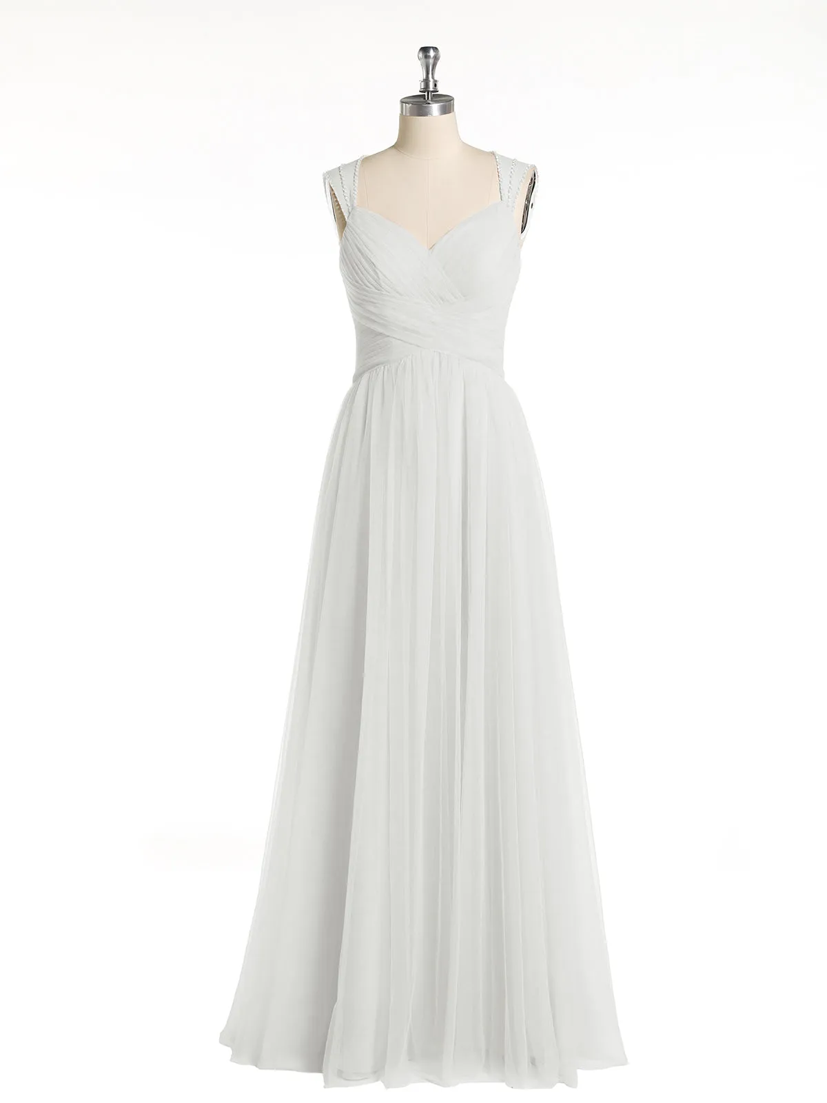 Cross-Pleated Tulle Long Dresses with Beaded Straps Ivory