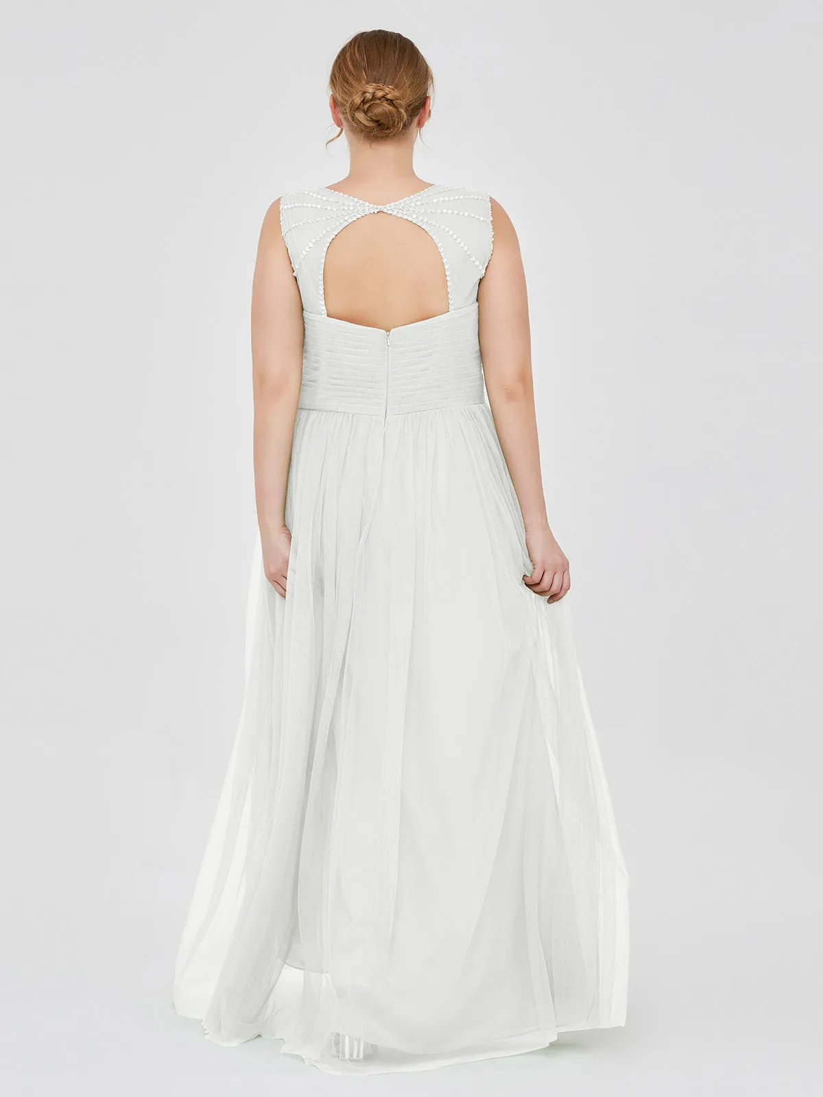 Cross-Pleated Tulle Long Dresses with Beaded Straps Ivory