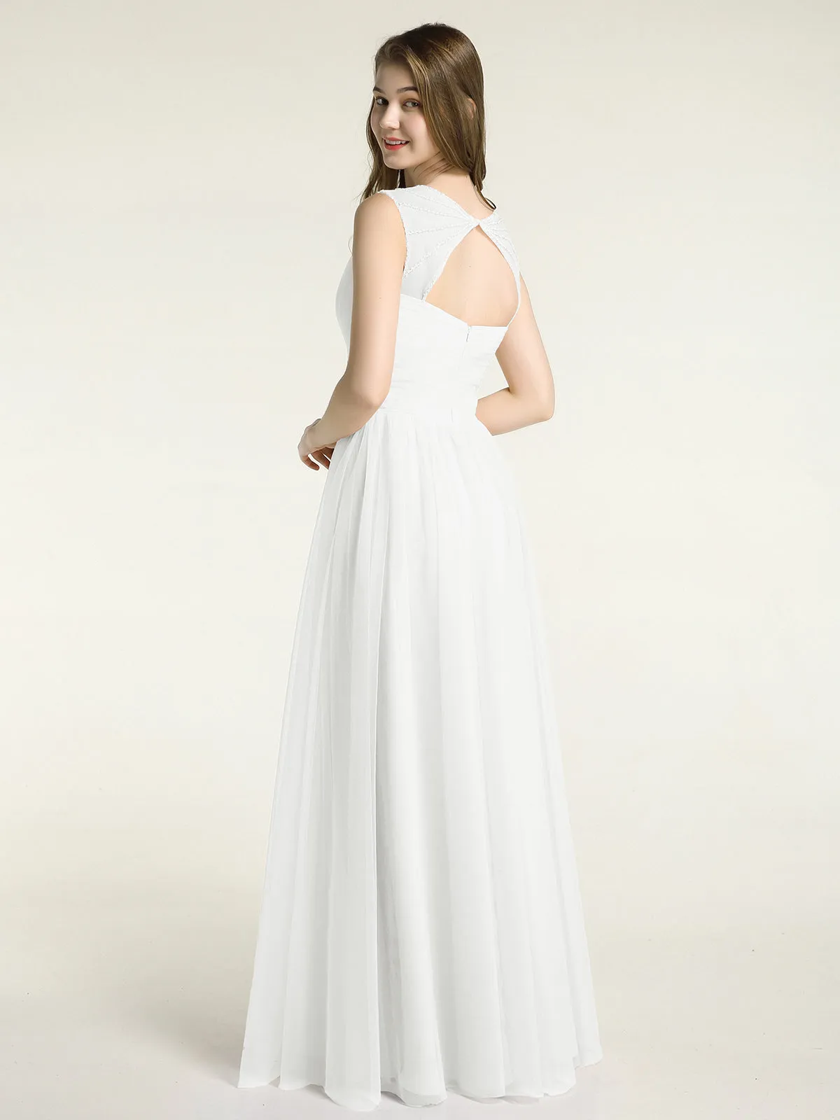 Cross-Pleated Tulle Long Dresses with Beaded Straps Ivory