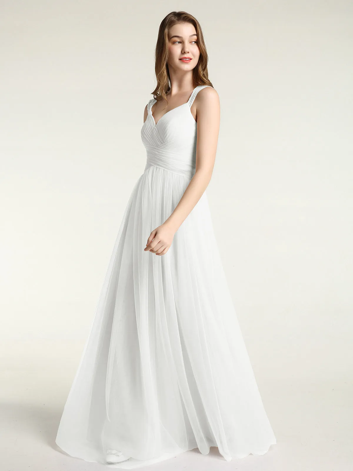 Cross-Pleated Tulle Long Dresses with Beaded Straps Ivory