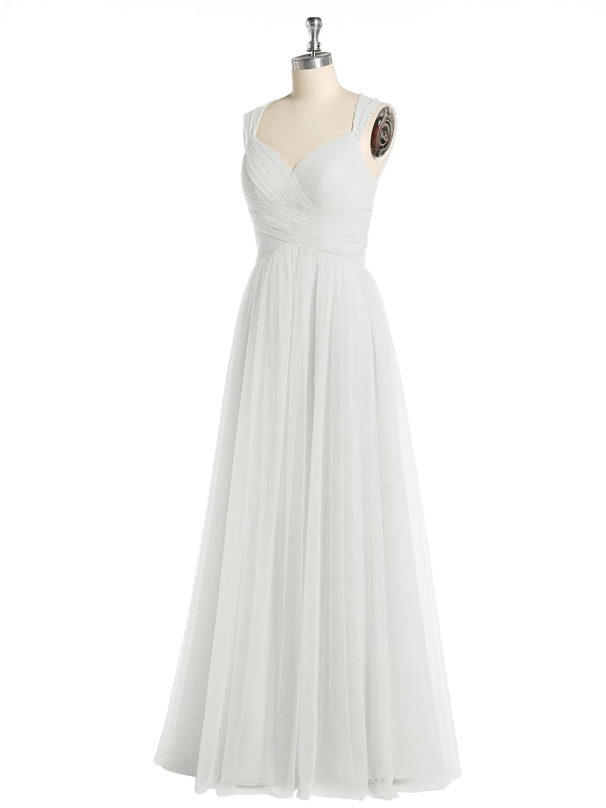 Cross-Pleated Tulle Long Dresses with Beaded Straps Ivory