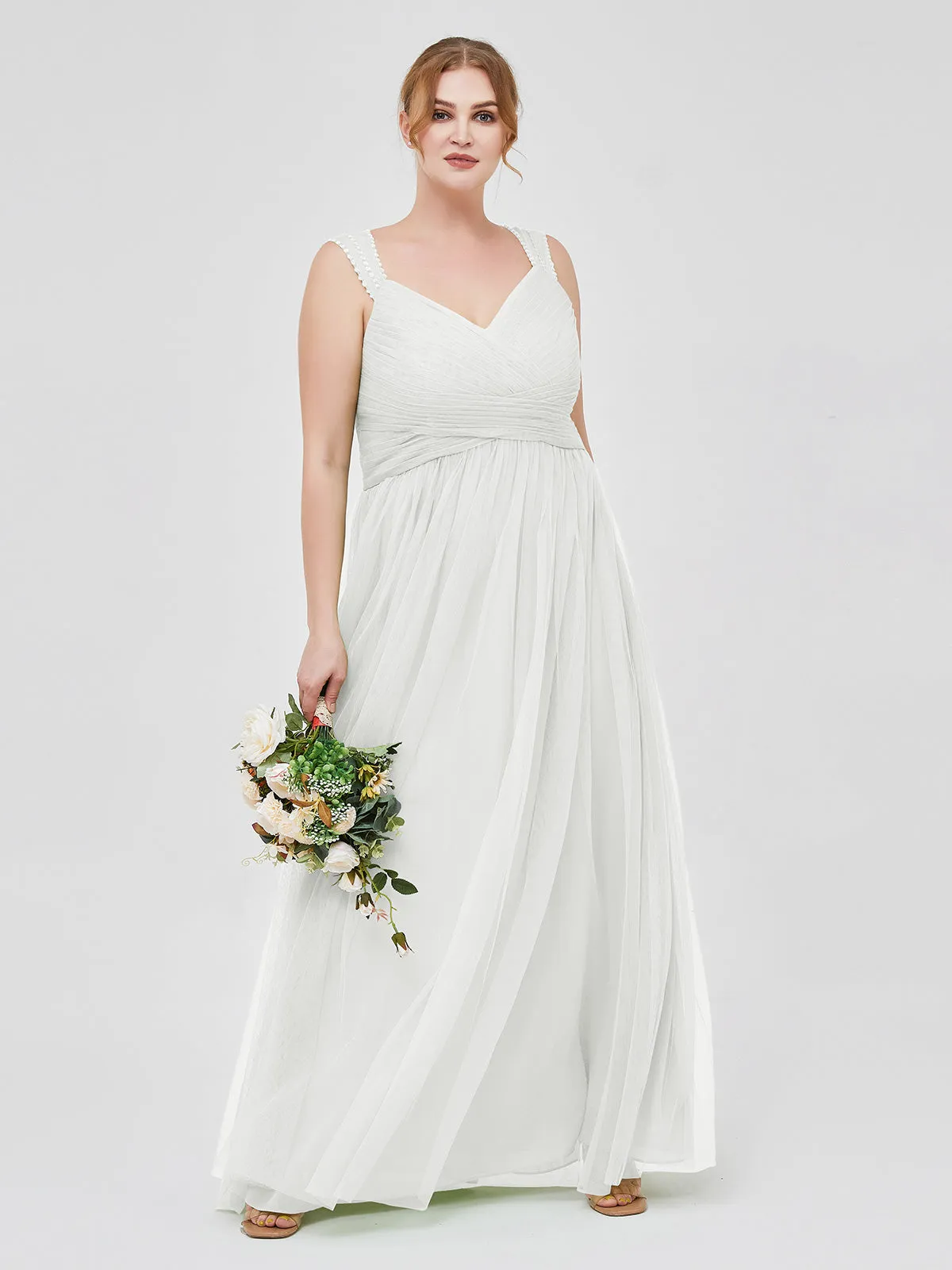 Cross-Pleated Tulle Long Dresses with Beaded Straps Ivory