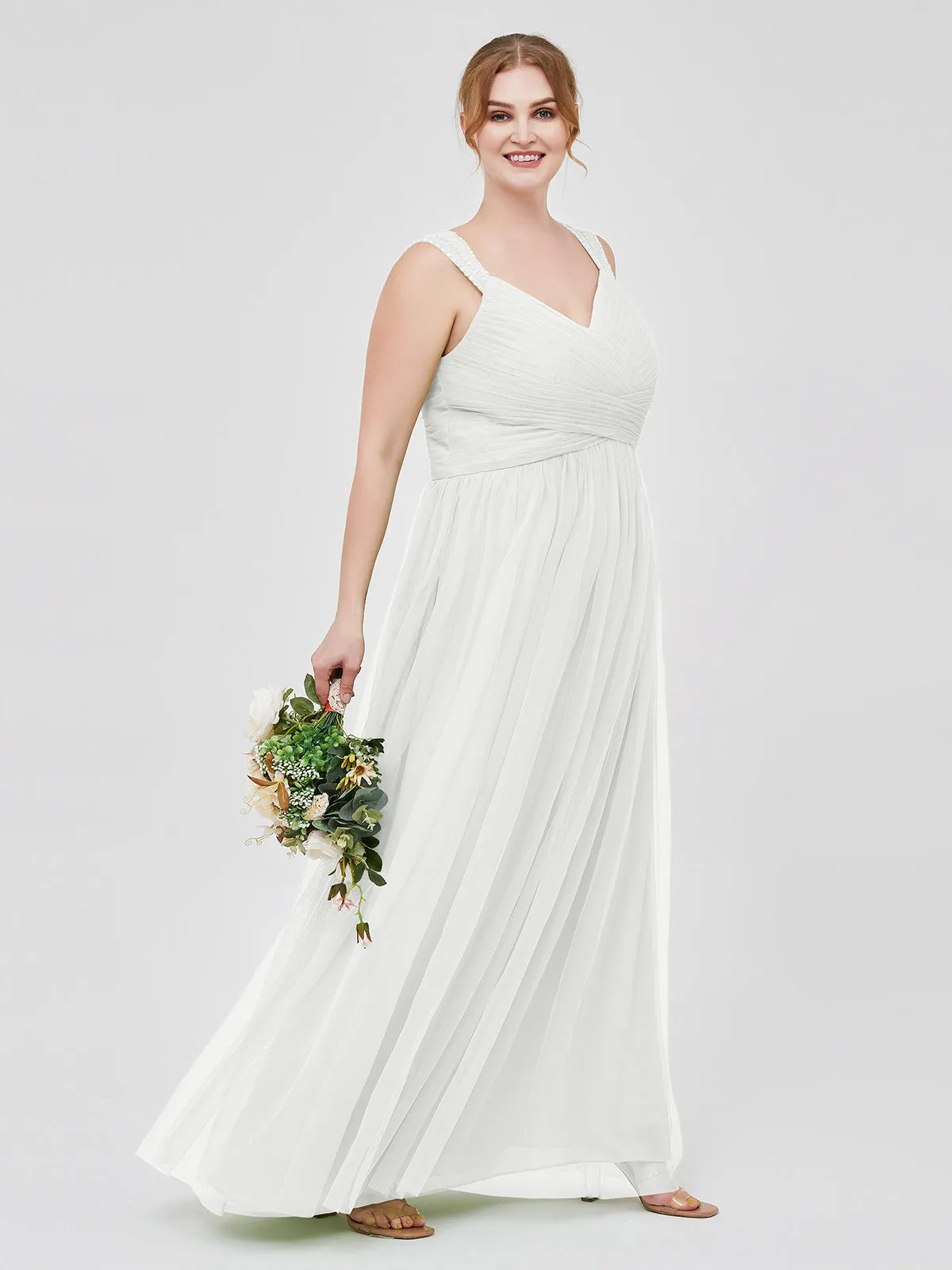 Cross-Pleated Tulle Long Dresses with Beaded Straps Ivory