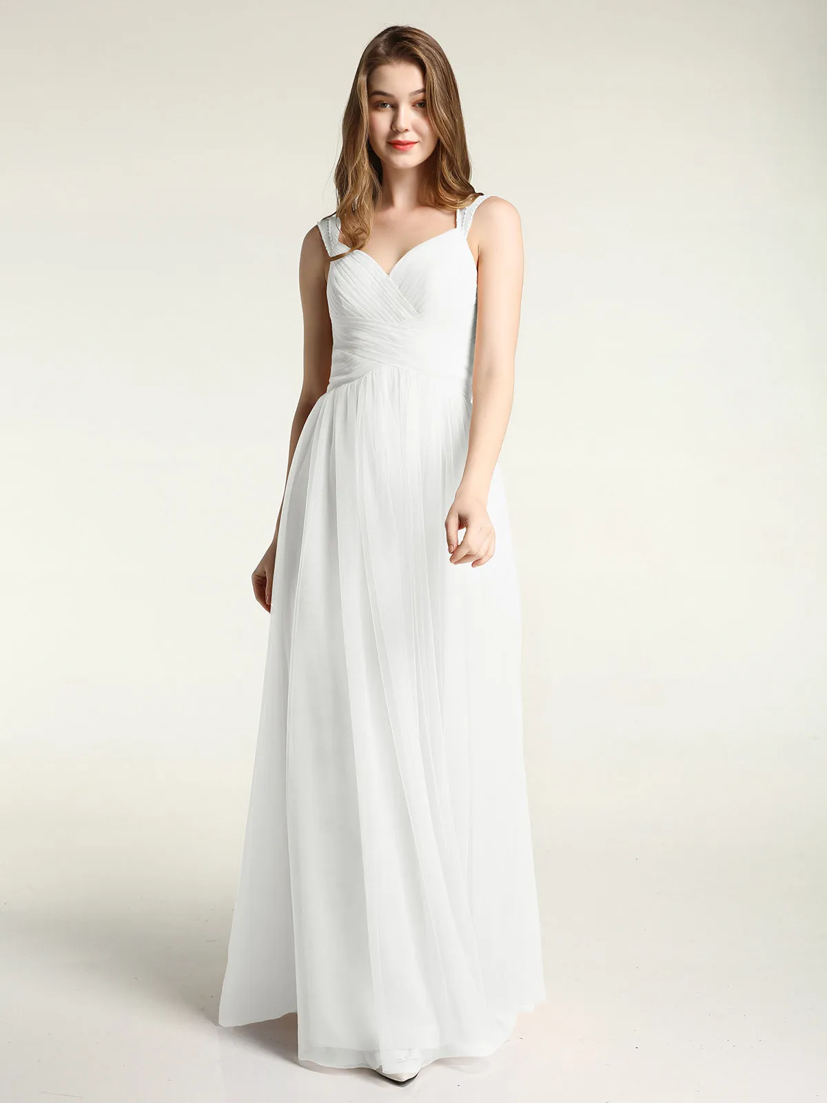 Cross-Pleated Tulle Long Dresses with Beaded Straps Ivory