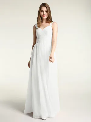 Cross-Pleated Tulle Long Dresses with Beaded Straps Ivory