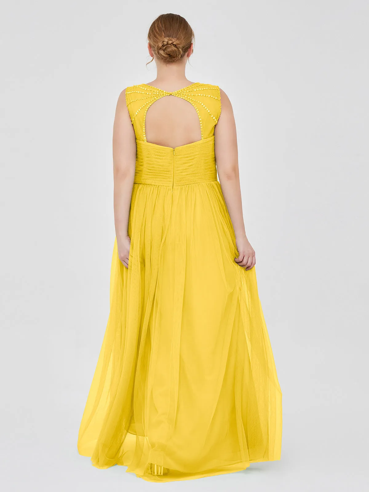 Cross-Pleated Tulle Long Dresses with Beaded Straps Marigold