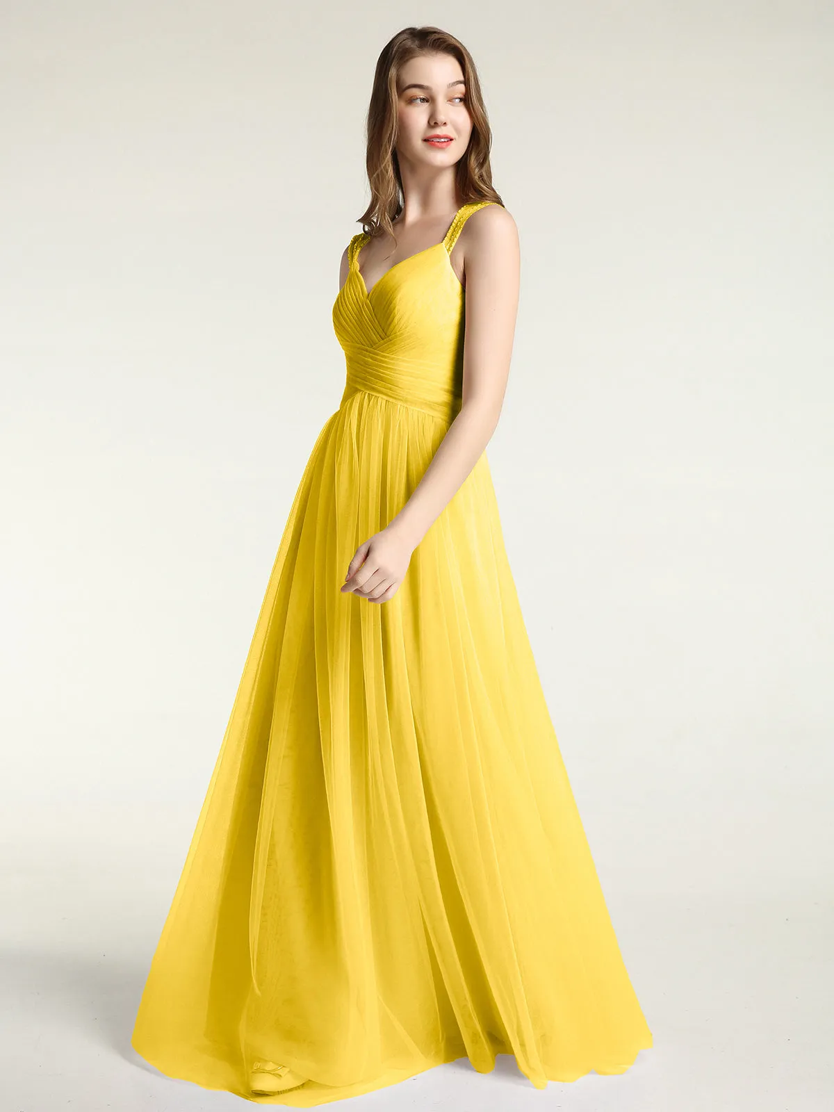 Cross-Pleated Tulle Long Dresses with Beaded Straps Marigold