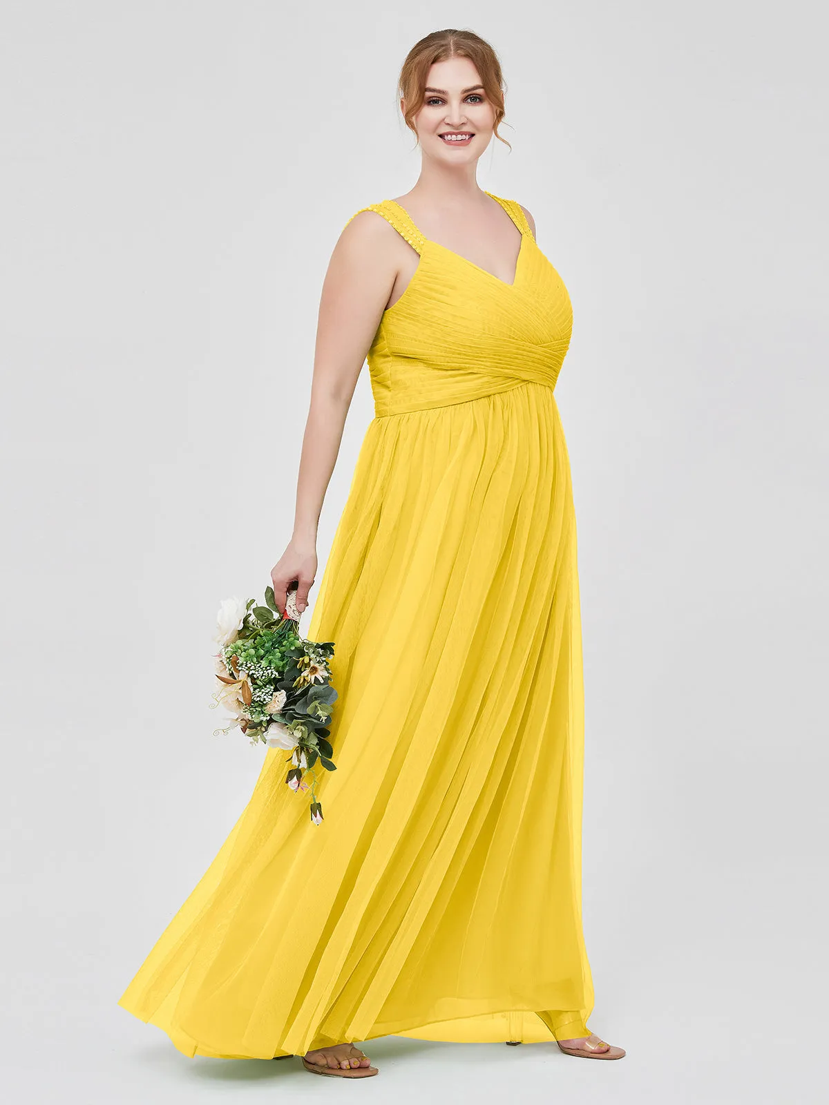 Cross-Pleated Tulle Long Dresses with Beaded Straps Marigold