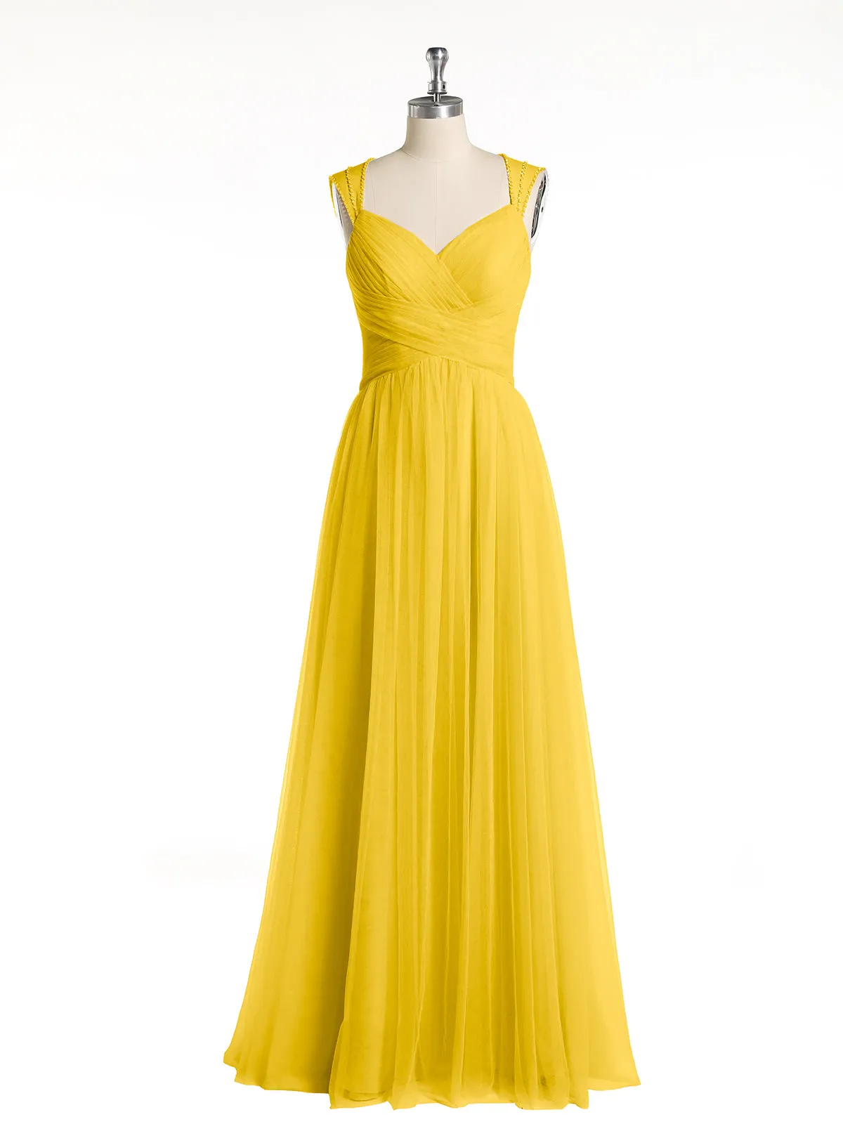 Cross-Pleated Tulle Long Dresses with Beaded Straps Marigold