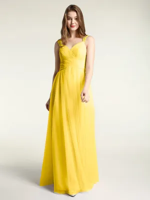 Cross-Pleated Tulle Long Dresses with Beaded Straps Marigold
