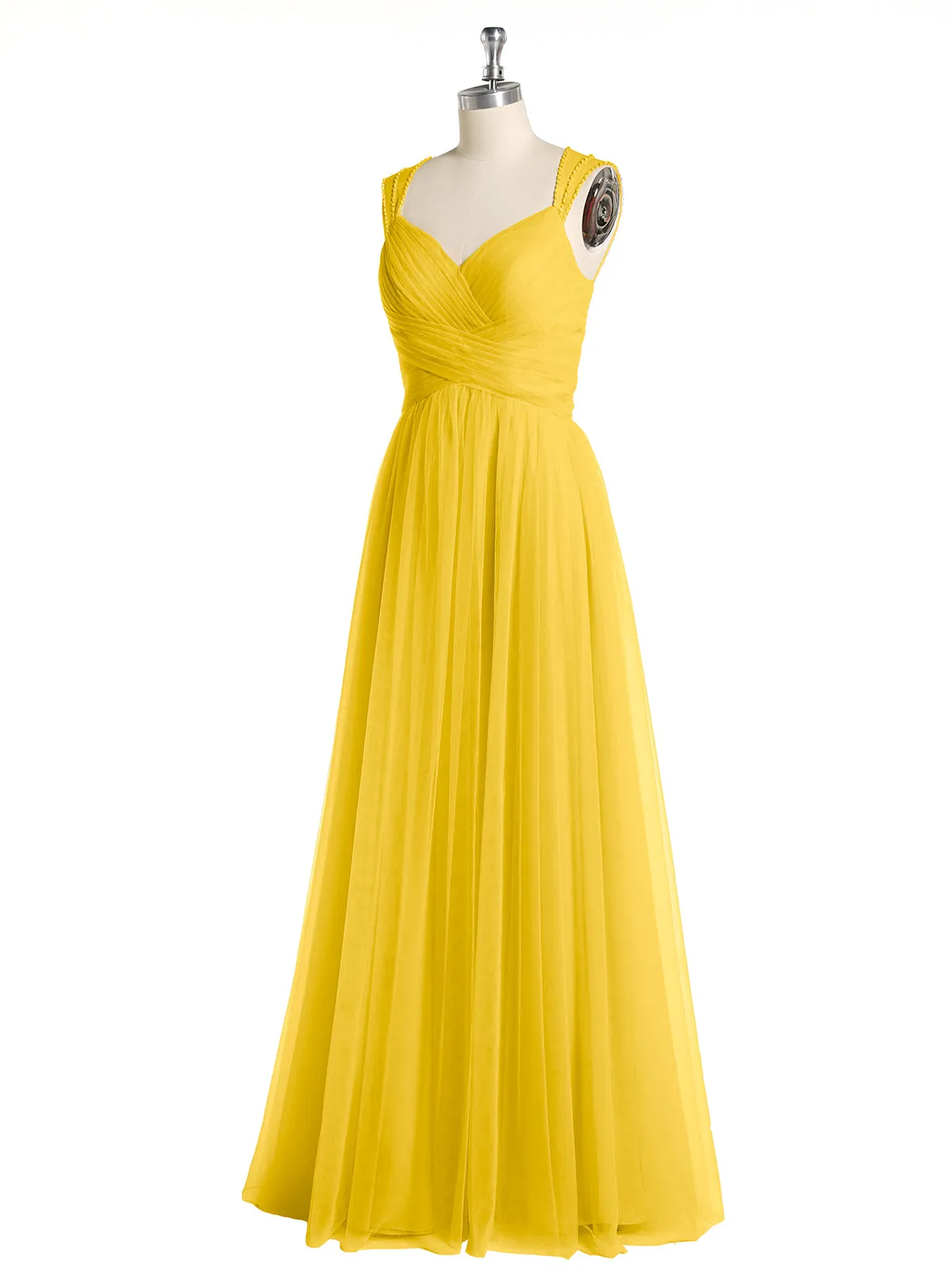 Cross-Pleated Tulle Long Dresses with Beaded Straps Marigold