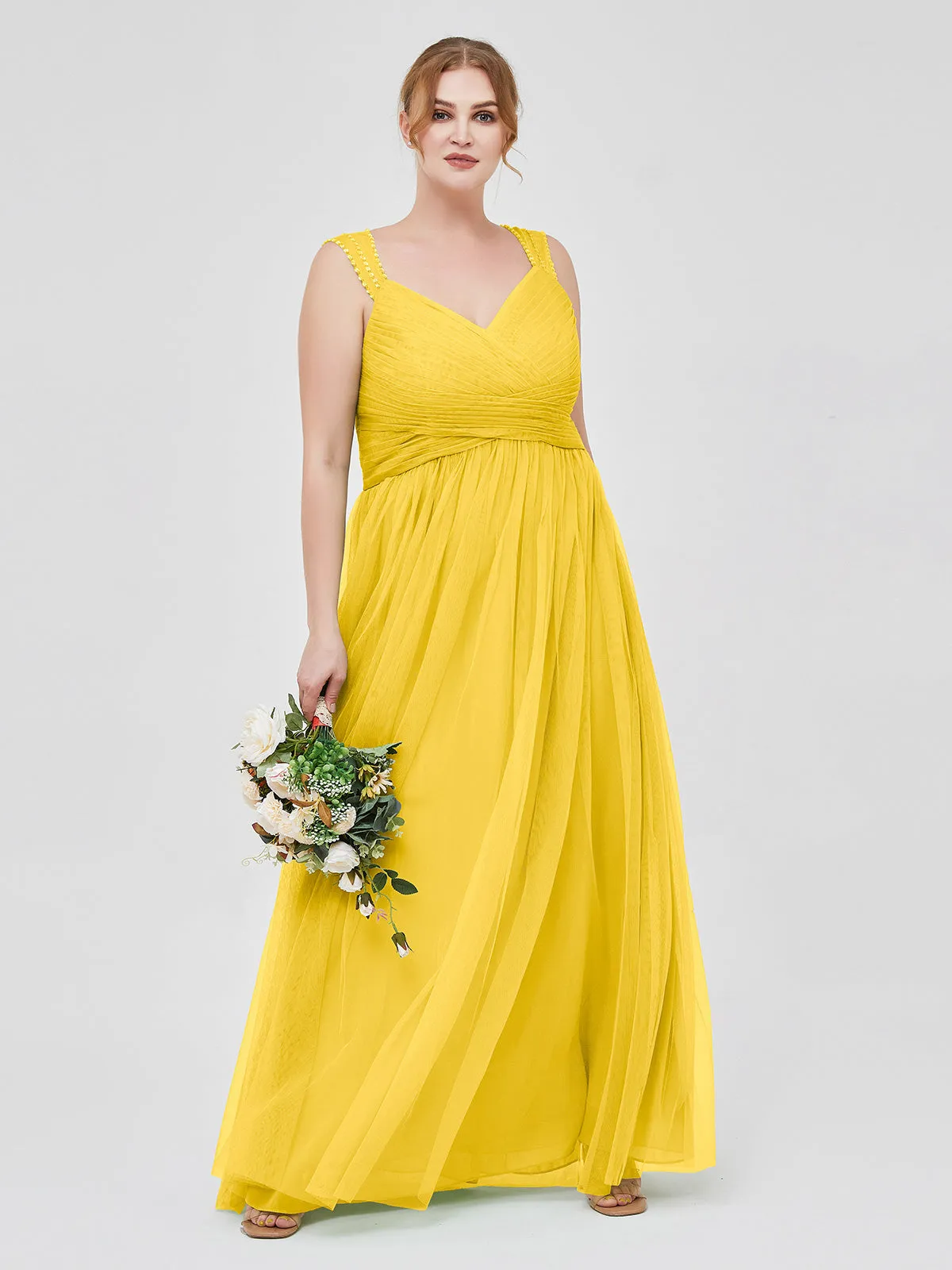 Cross-Pleated Tulle Long Dresses with Beaded Straps Marigold