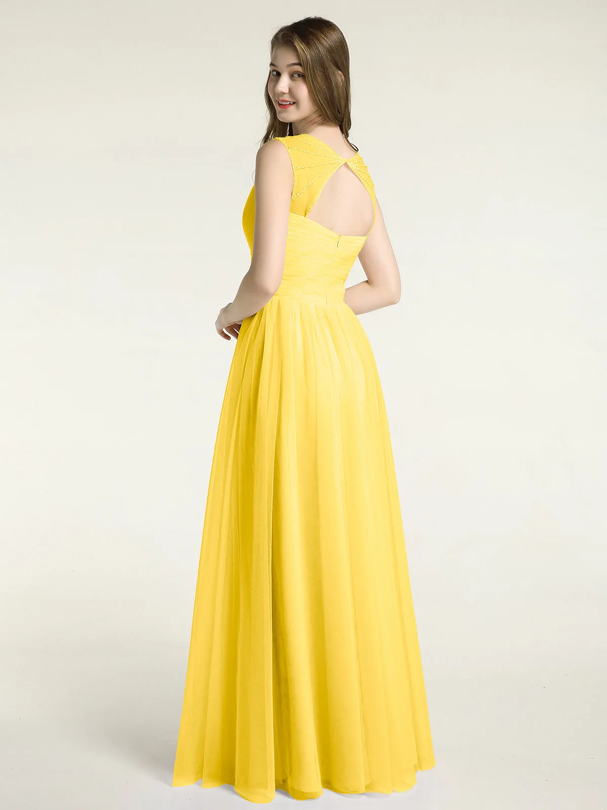 Cross-Pleated Tulle Long Dresses with Beaded Straps Marigold