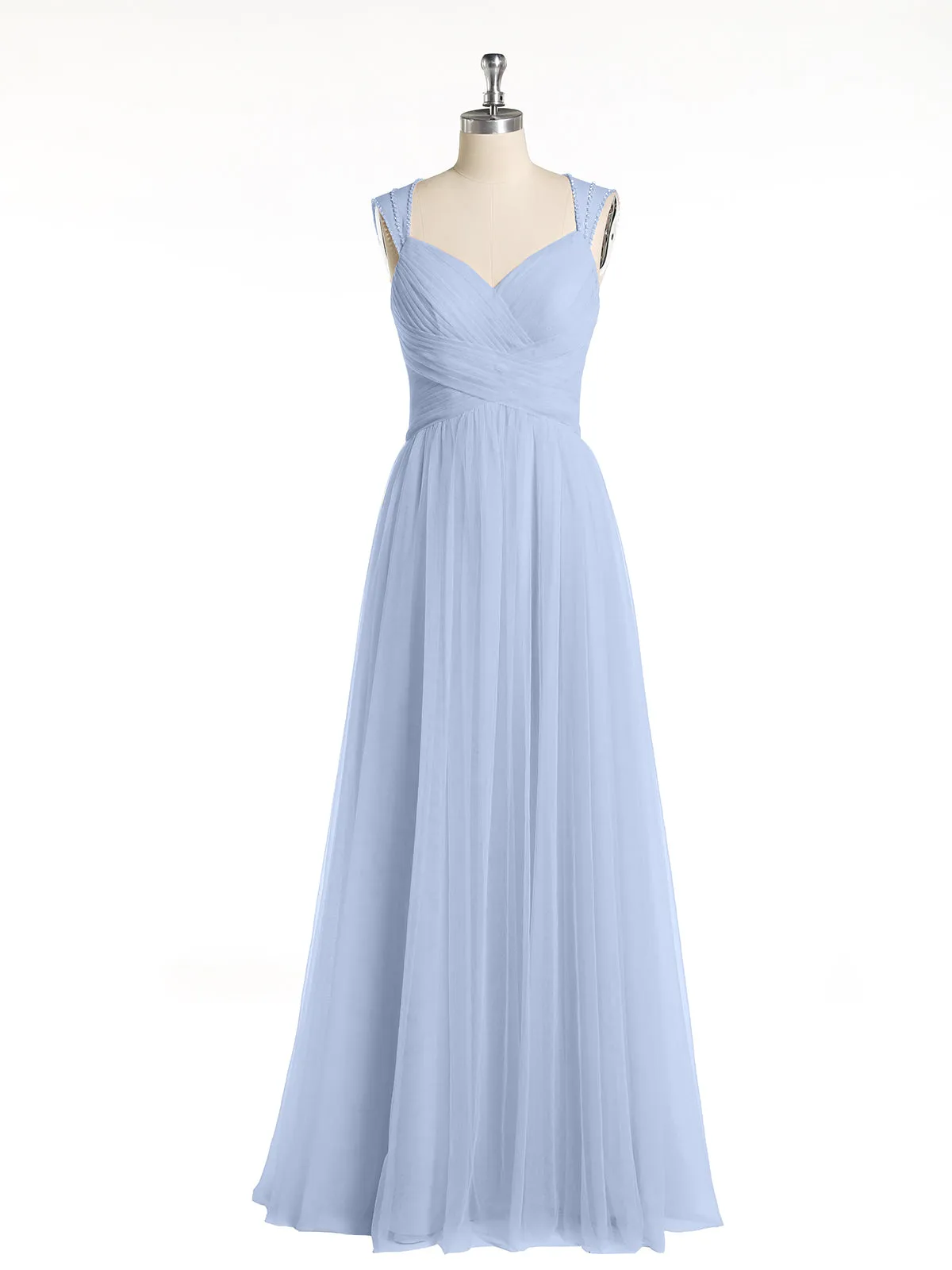 Cross-Pleated Tulle Long Dresses with Beaded Straps Sky Blue Plus Size