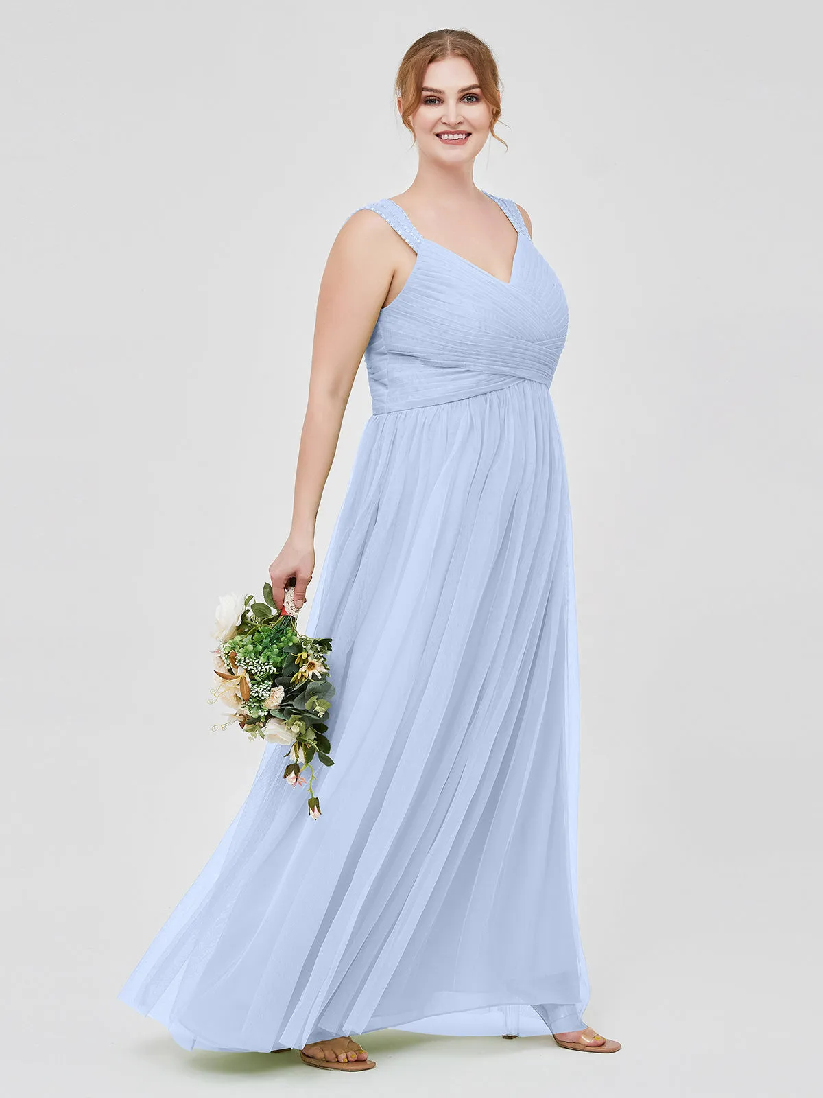 Cross-Pleated Tulle Long Dresses with Beaded Straps Sky Blue Plus Size