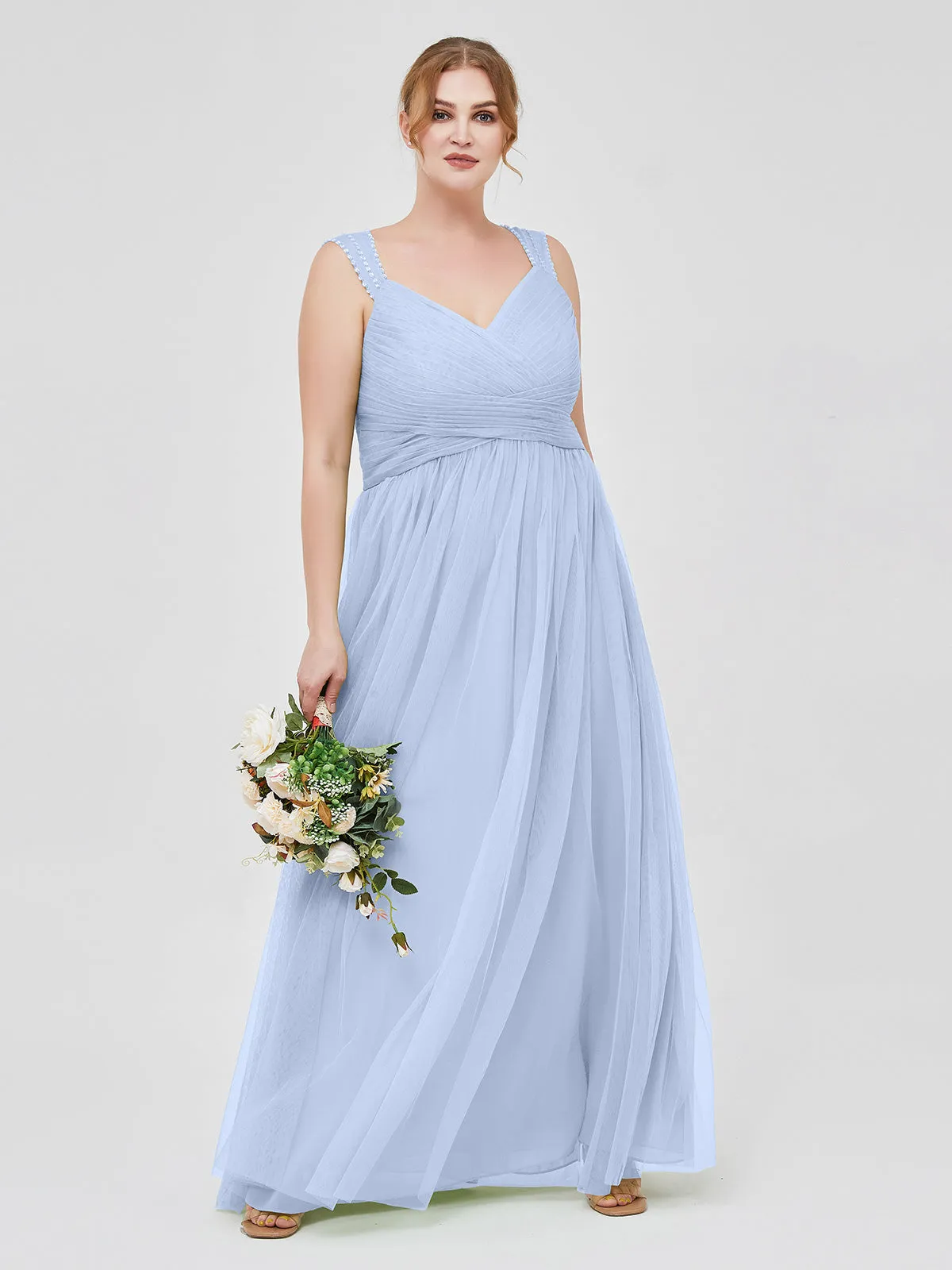 Cross-Pleated Tulle Long Dresses with Beaded Straps Sky Blue Plus Size