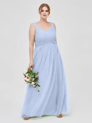 Cross-Pleated Tulle Long Dresses with Beaded Straps Sky Blue Plus Size