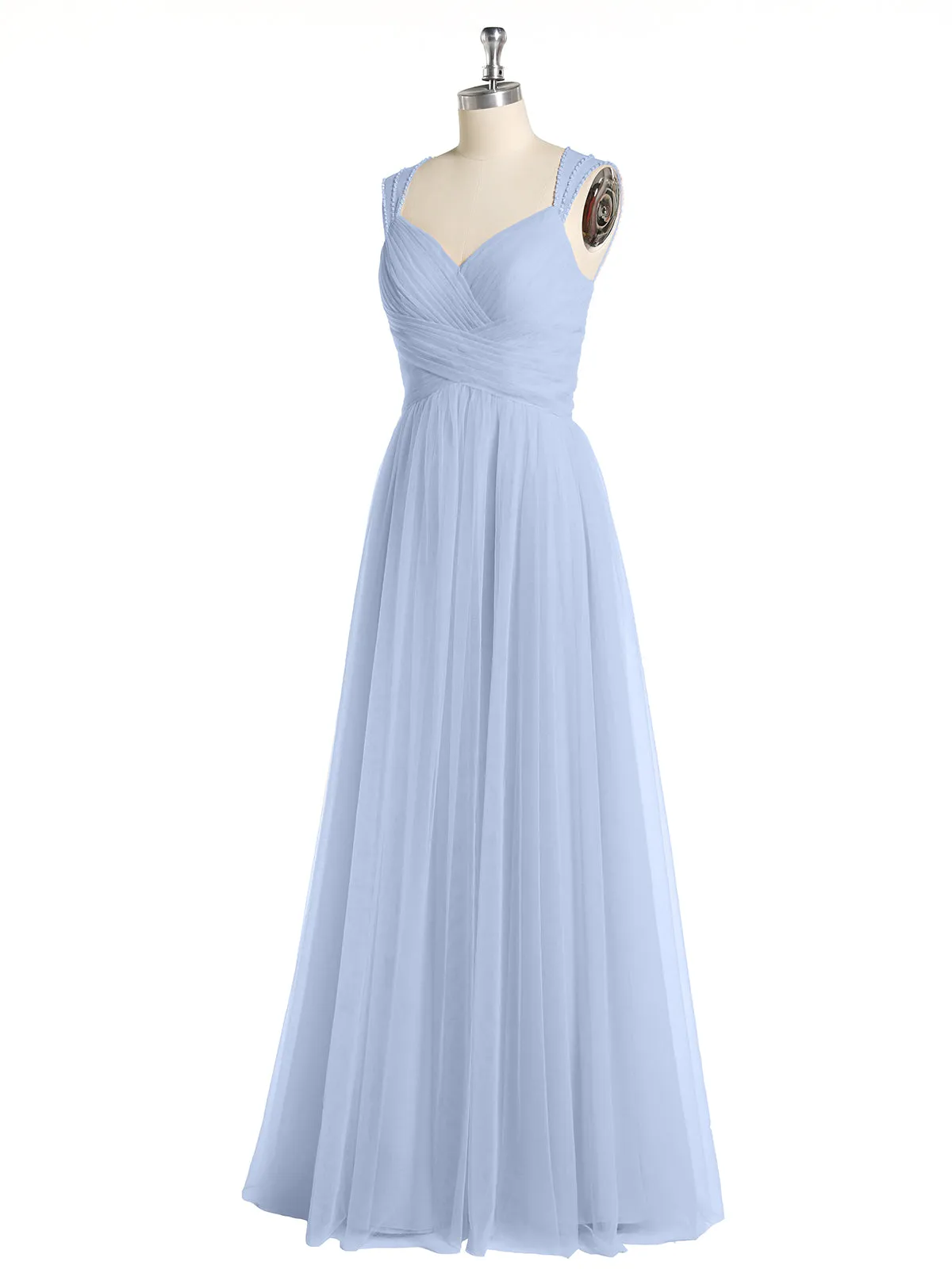 Cross-Pleated Tulle Long Dresses with Beaded Straps Sky Blue Plus Size