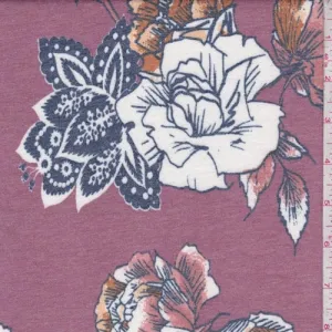 Dark Mauve/White Stylized Floral Double Brushed French Terry Knit Fabric