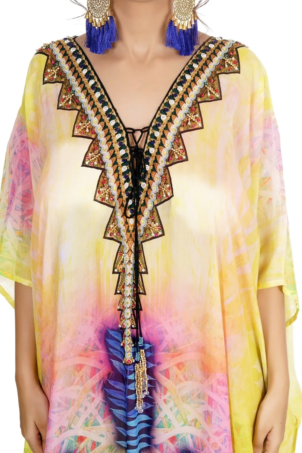 Deep neck with triangular lace up lavender aesthetic silk kaftan
