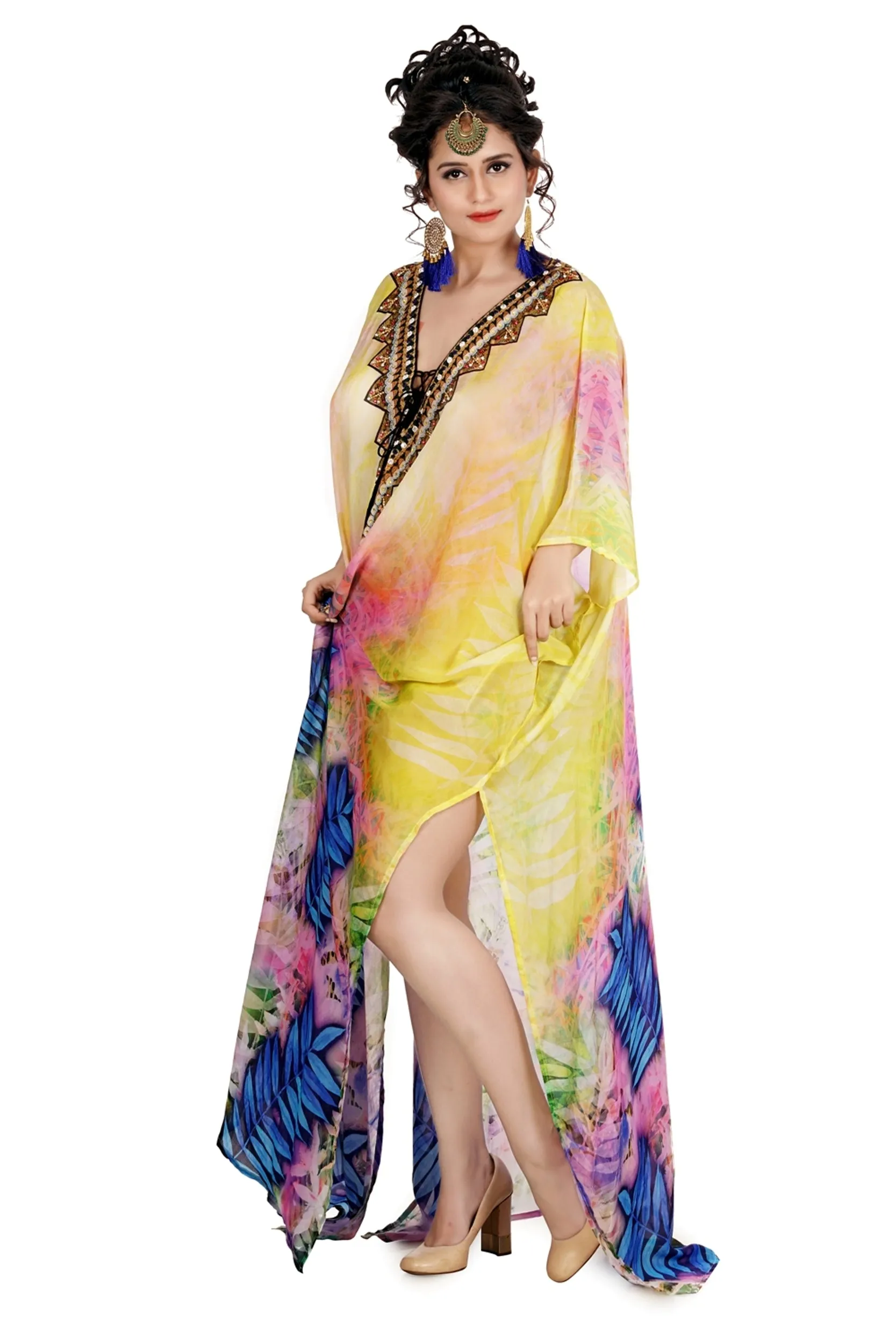 Deep neck with triangular lace up lavender aesthetic silk kaftan