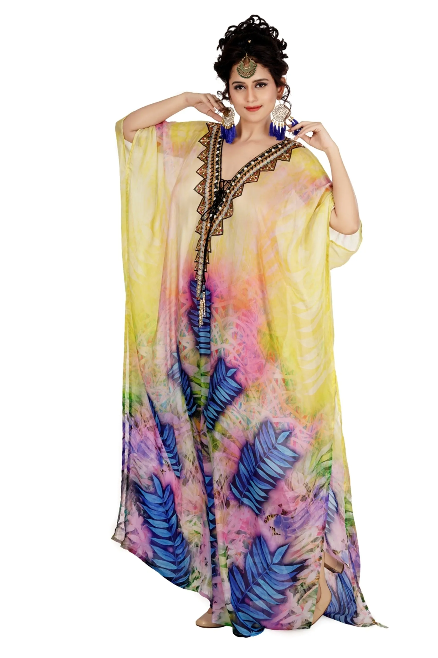 Deep neck with triangular lace up lavender aesthetic silk kaftan