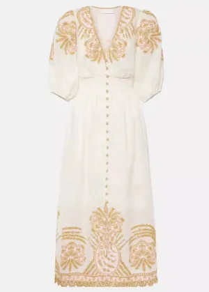 Elegant White Embroidered Button Cotton Long Dresses Summer AU1028