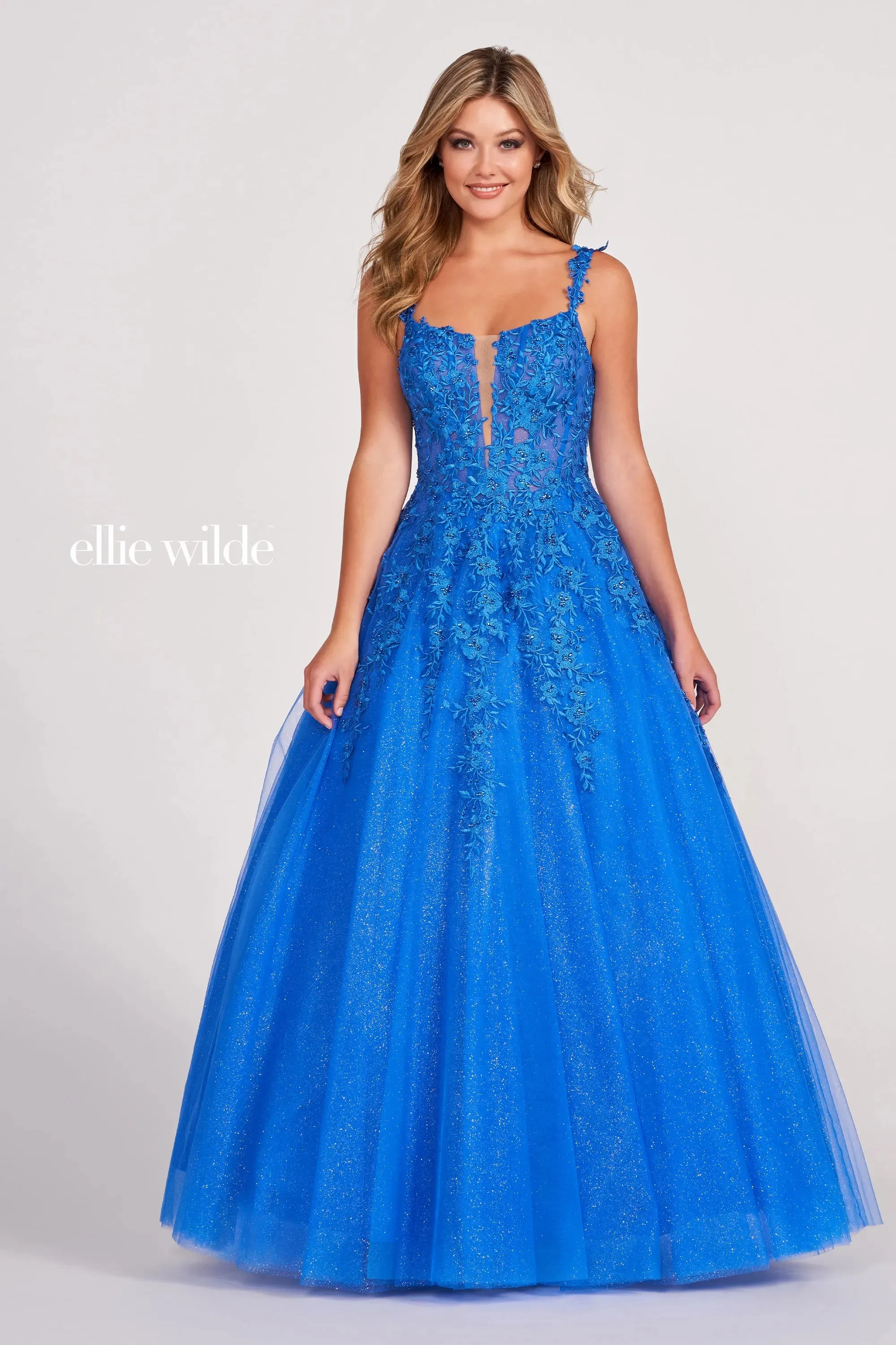 Ellie Wilde EW120014 Long Sheer Lace Shimmer Ballgown Prom Dress V Neck Formal Gown