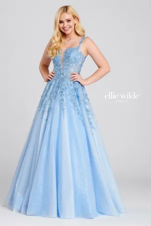 Ellie Wilde EW120014 Long Sheer Lace Shimmer Ballgown Prom Dress V Neck Formal Gown