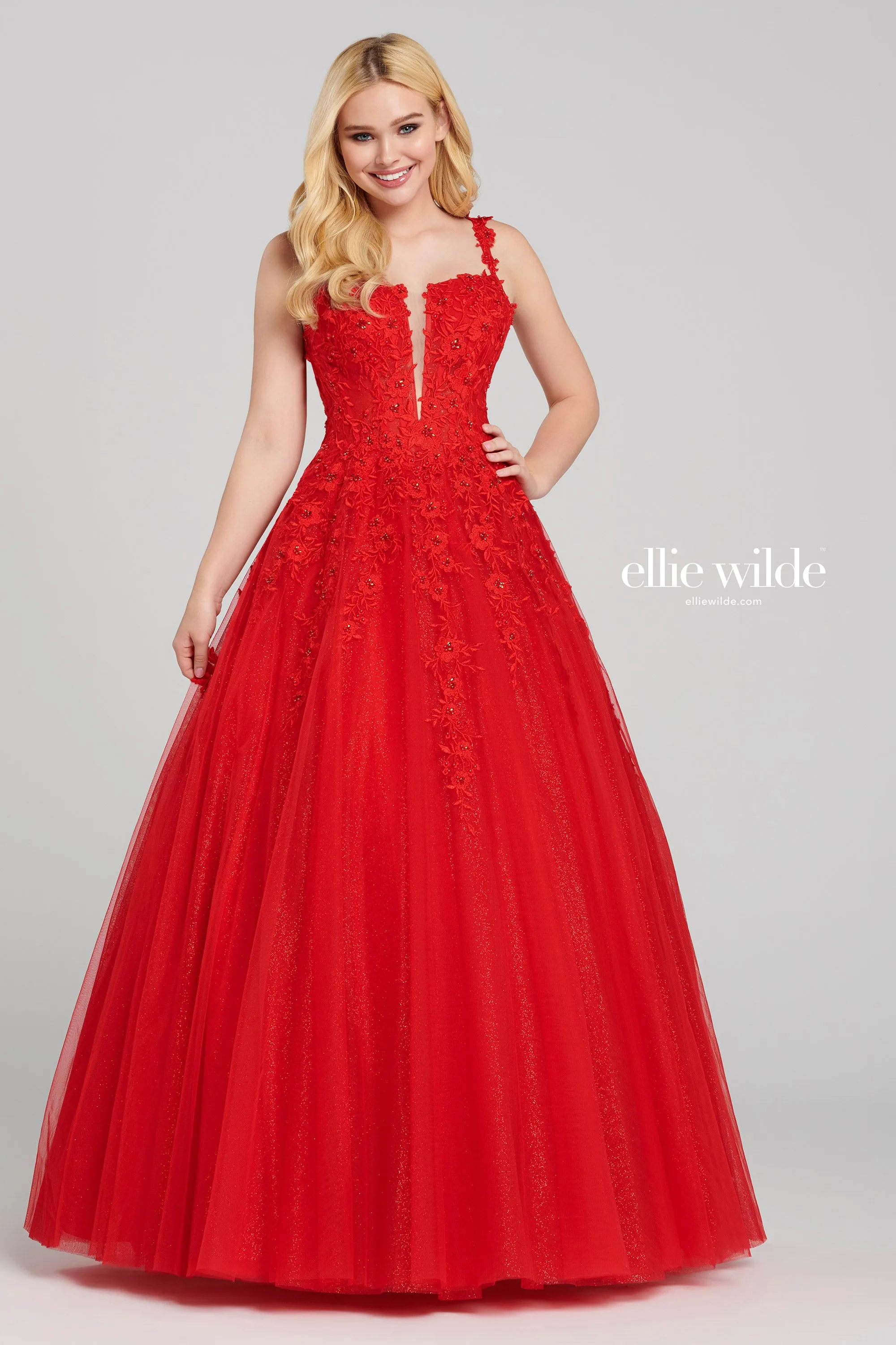 Ellie Wilde EW120014 Long Sheer Lace Shimmer Ballgown Prom Dress V Neck Formal Gown