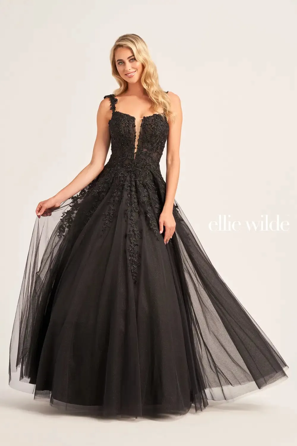 Ellie Wilde EW120014 Long Sheer Lace Shimmer Ballgown Prom Dress V Neck Formal Gown